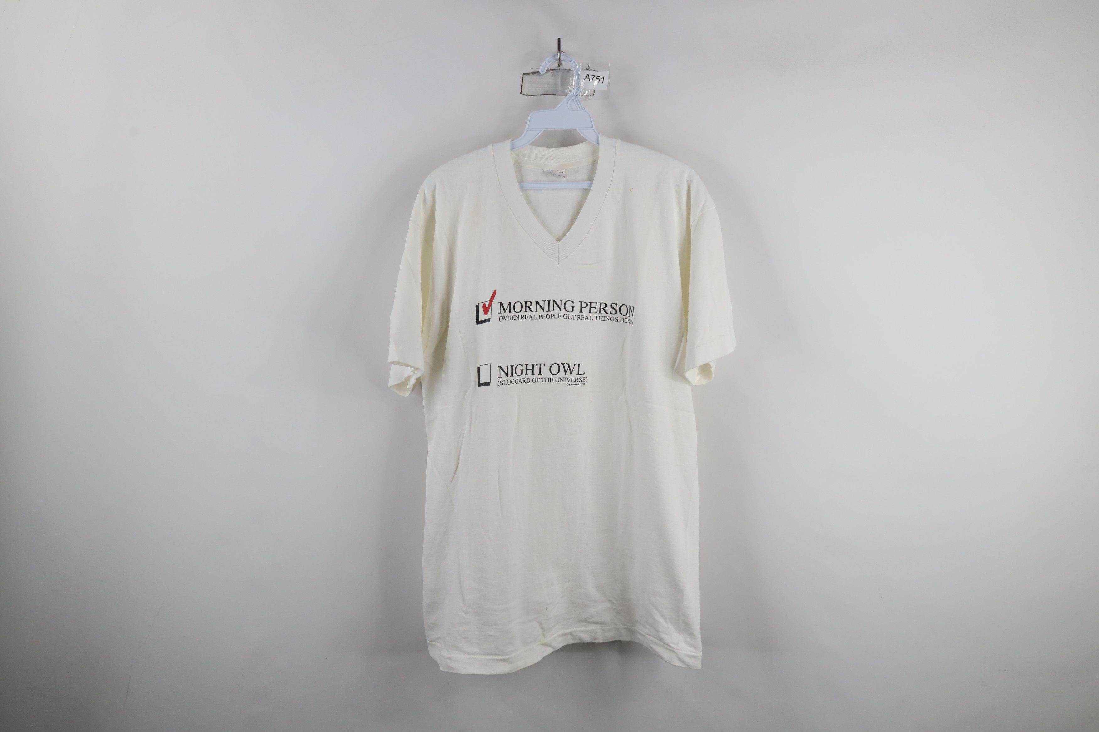 Vintage Vintage 90s Morning Person Short Sleeve V-Neck T-Shirt USA Size US L / EU 52-54 / 3 - 1 Thumbnail