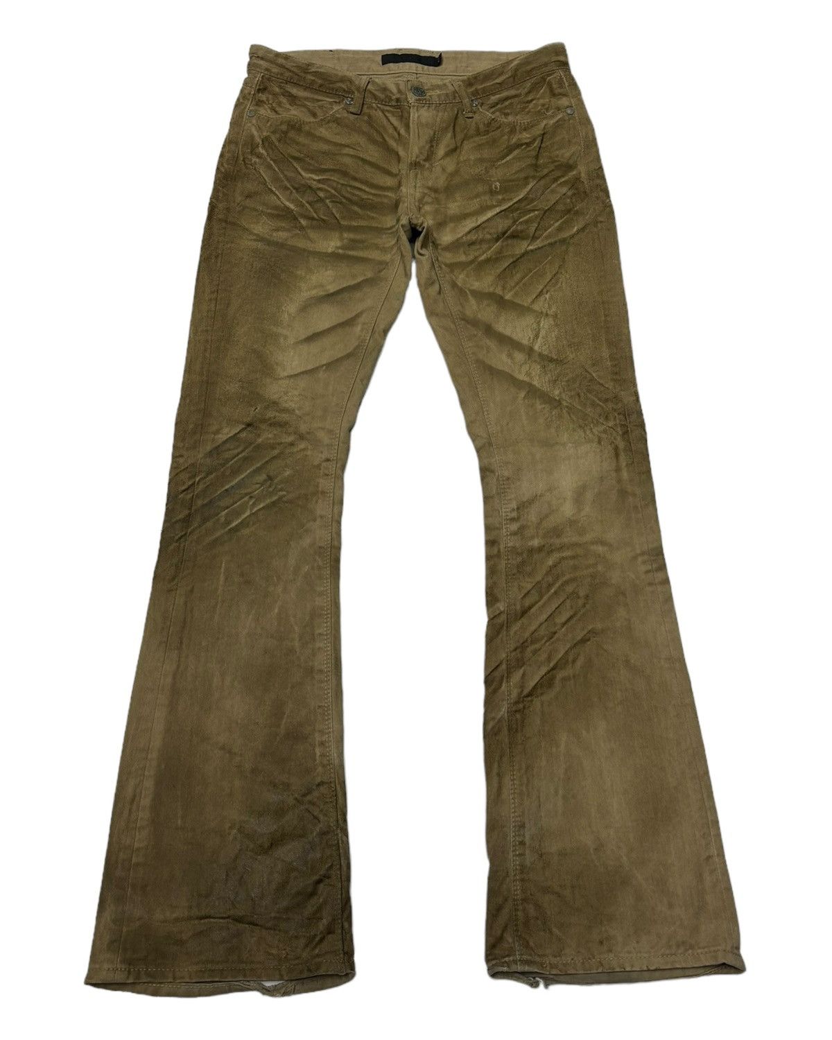 image of Archival Clothing x Gostar De Fuga fuga Flared Denim Distressed Coated Waxed Flare Jeans in Brown (