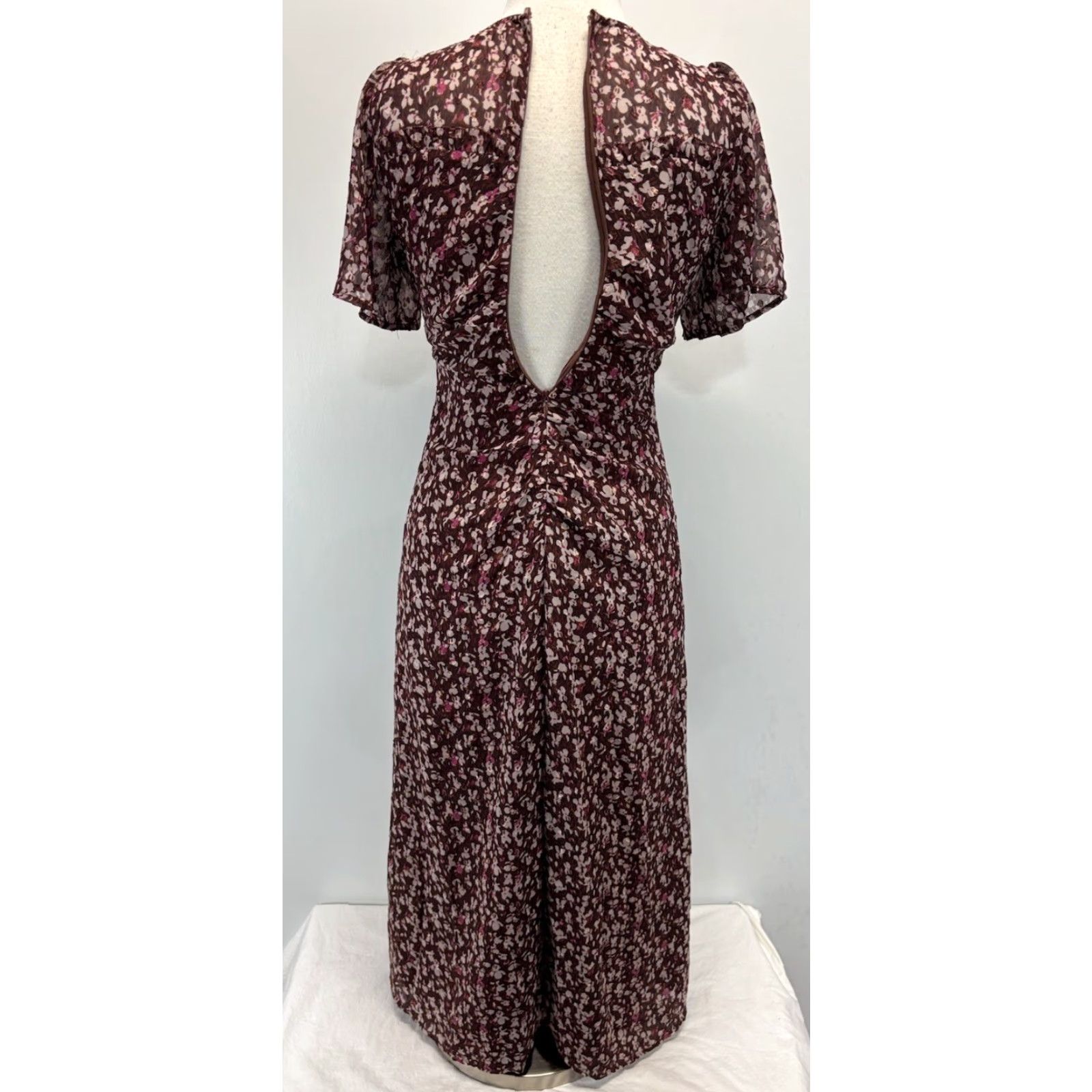 Vintage Mila Mae Floral Midi Dress Sz Small Maroon Ruched Center Cottage Core Boho NWOT! Size S / US 4 / IT 40 - 3 Thumbnail