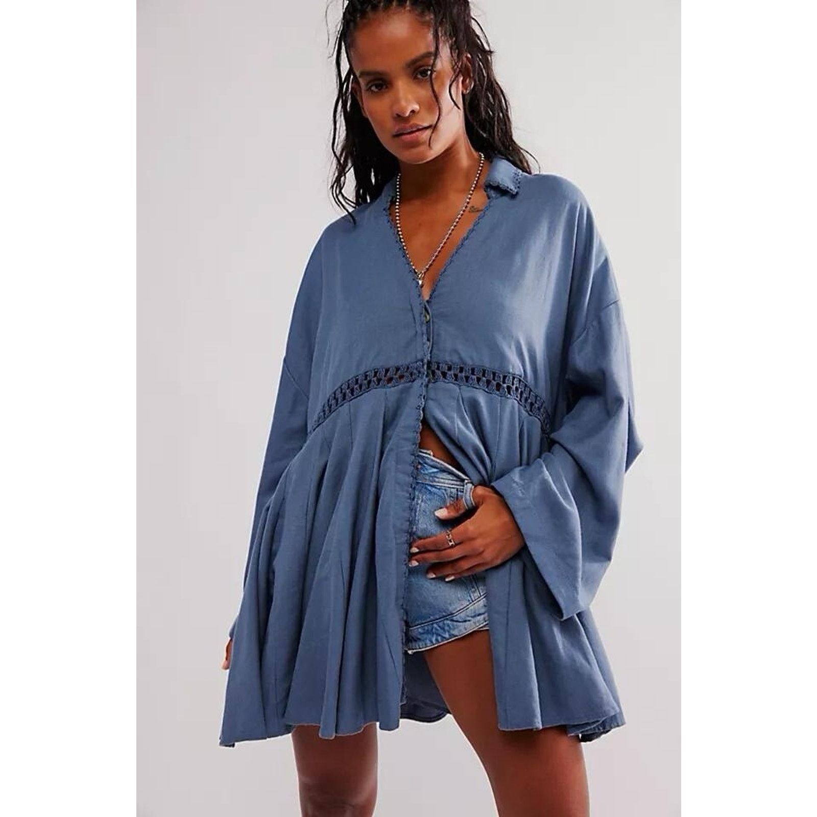 Free People NWT Free People (S) Linen Blend Mini Dress Oversized Size S / US 4 / IT 40 - 1 Thumbnail
