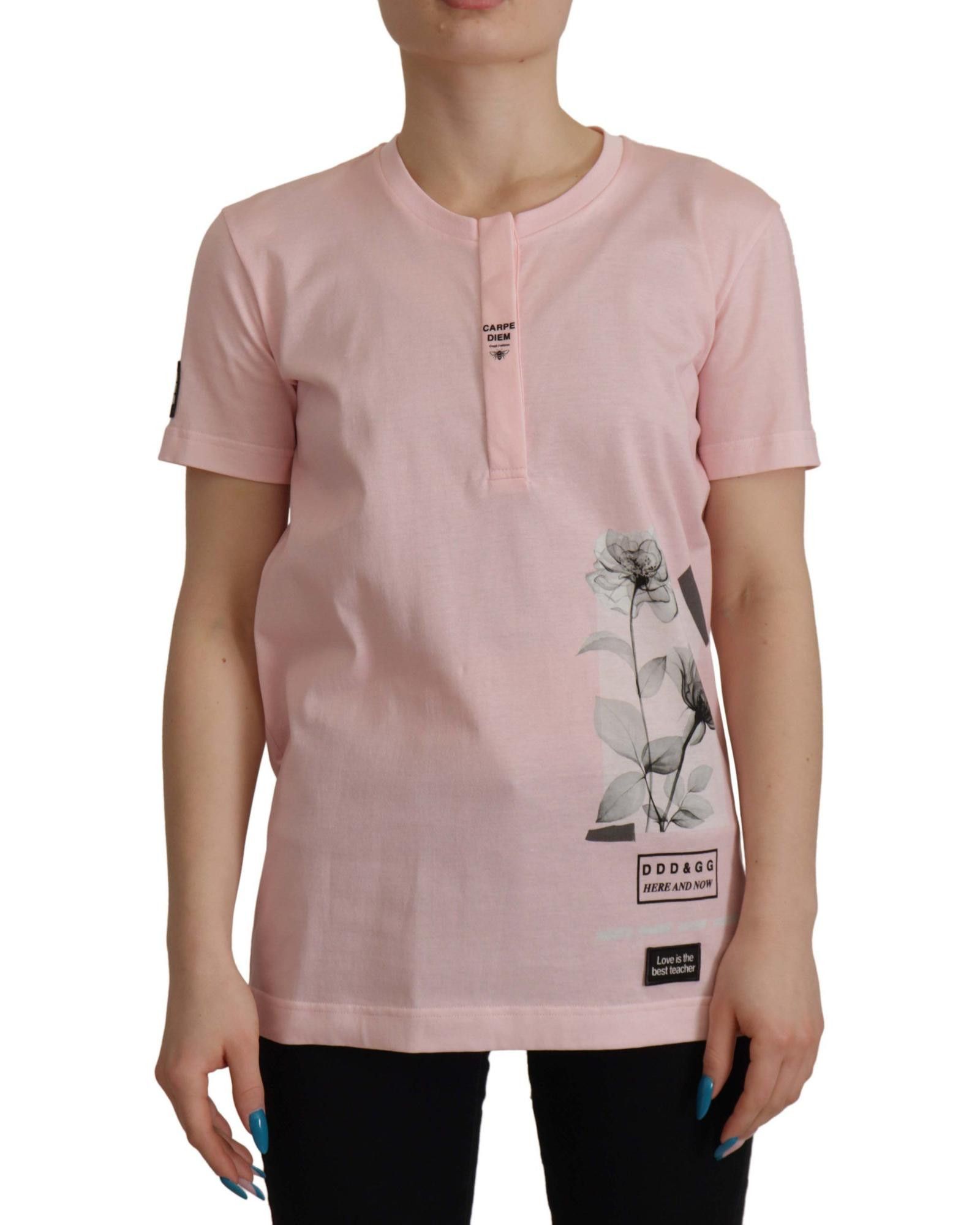 image of Dolce Gabbana Gorgeous Floral Henley Cotton T-Shirt in Pink, Women's (Size Small)