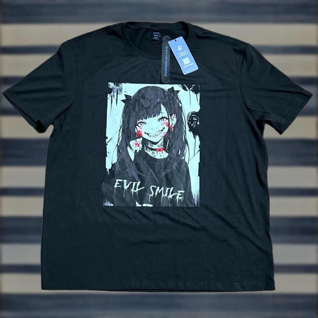 Vintage ROMWE Men's Black Evil Smile Girl Graphic Print Shirt Sz 2XL NWT Anime Shirt Men Short Sleeve Graphic Print Shirt Black Mens 2XL Anime Size US XXL / EU 58 / 5 - 1 Thumbnail