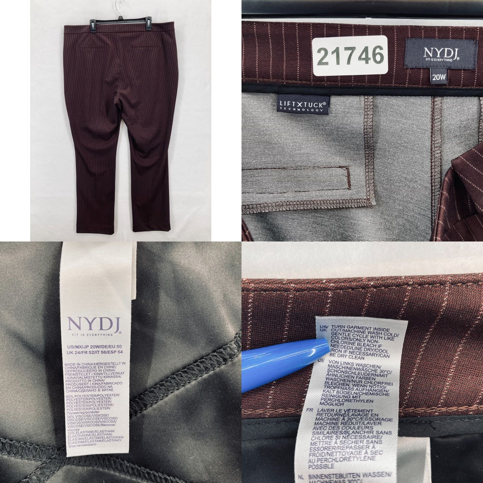NYDJ NYDJ Aaro Slim Straight Pants Women's Plus 20W Burgundy Red Striped Chino Size 42" / US 20 - 9 Thumbnail