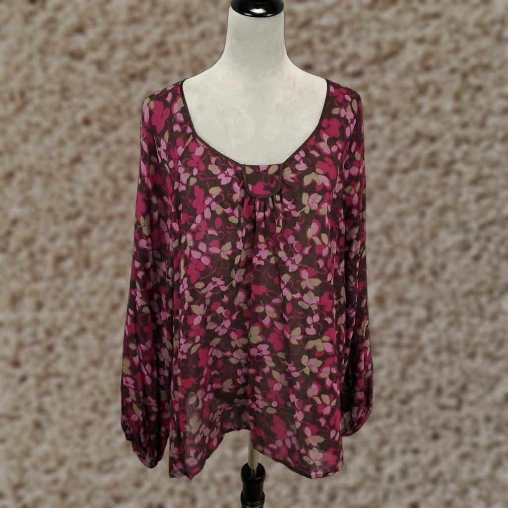 J. Jill J. Jill Silk Top Blouse Women 3X Purple Floral Sheer Balloon Sleeve Scoop Neck Pullover Bohemian Womens Size XXL / US 16-18 / IT 52-54 - 1 Thumbnail