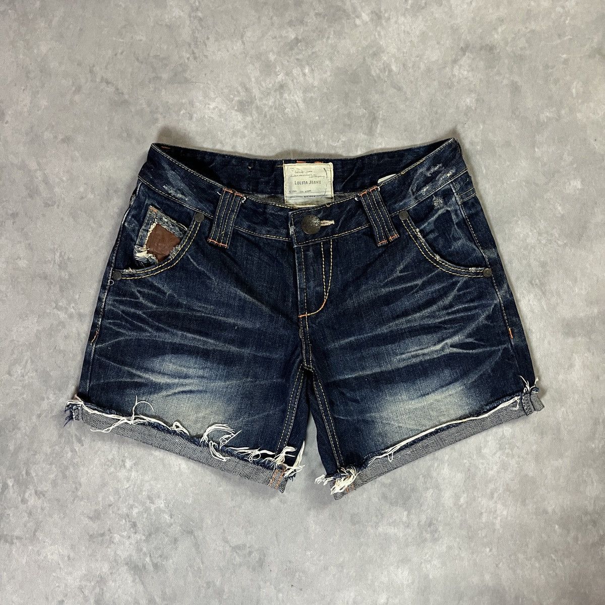 Japanese Brand 2000s Lolita Jeans - Distressed y2k Shorts Leather Pocket Size 33" - 2 Thumbnail