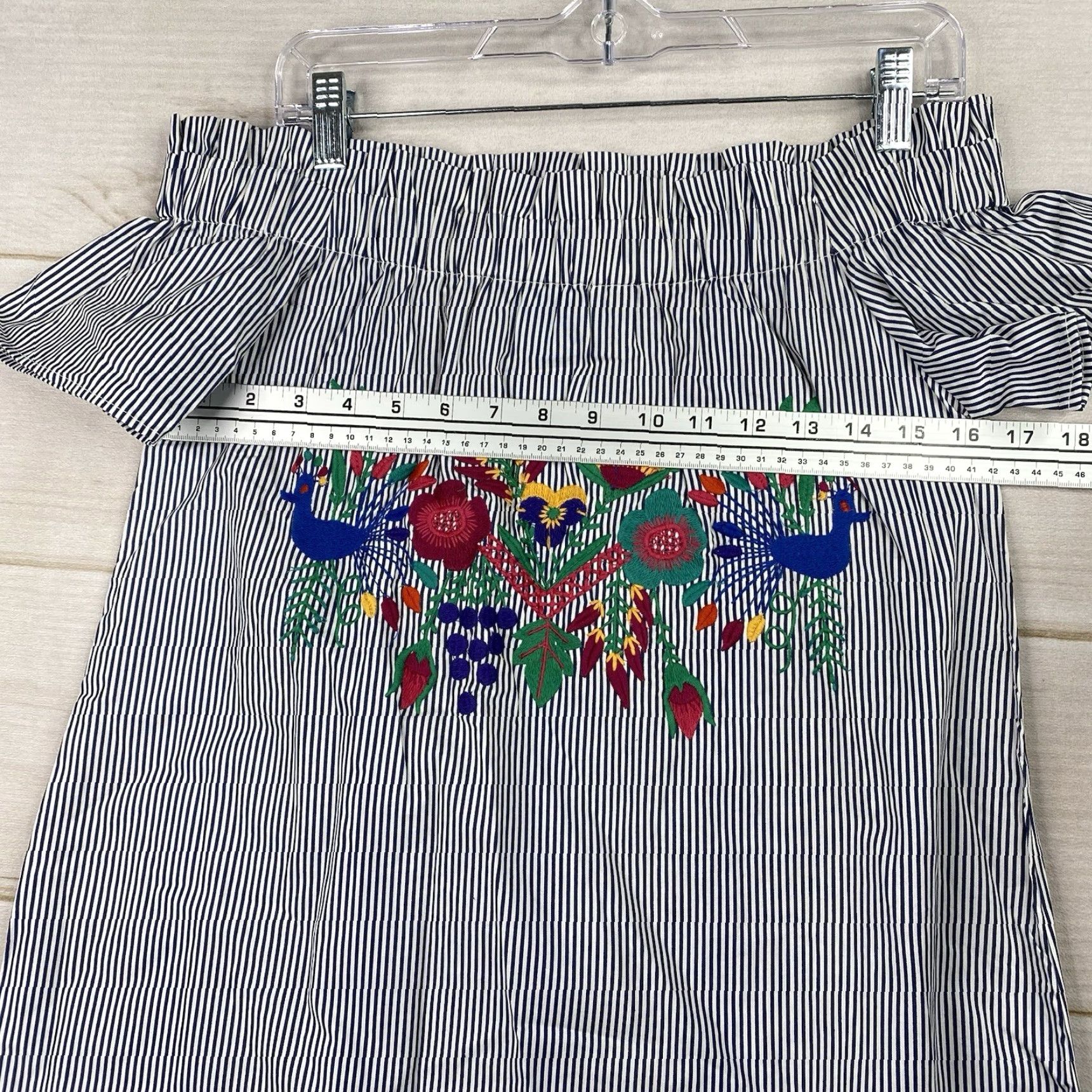 Vintage Judith March Dress S Blue Stripe Embroidered Peasant Off Shoulder Knee Length Boho Floral 100% Cotton Size S / US 4 / IT 40 - 5 Thumbnail
