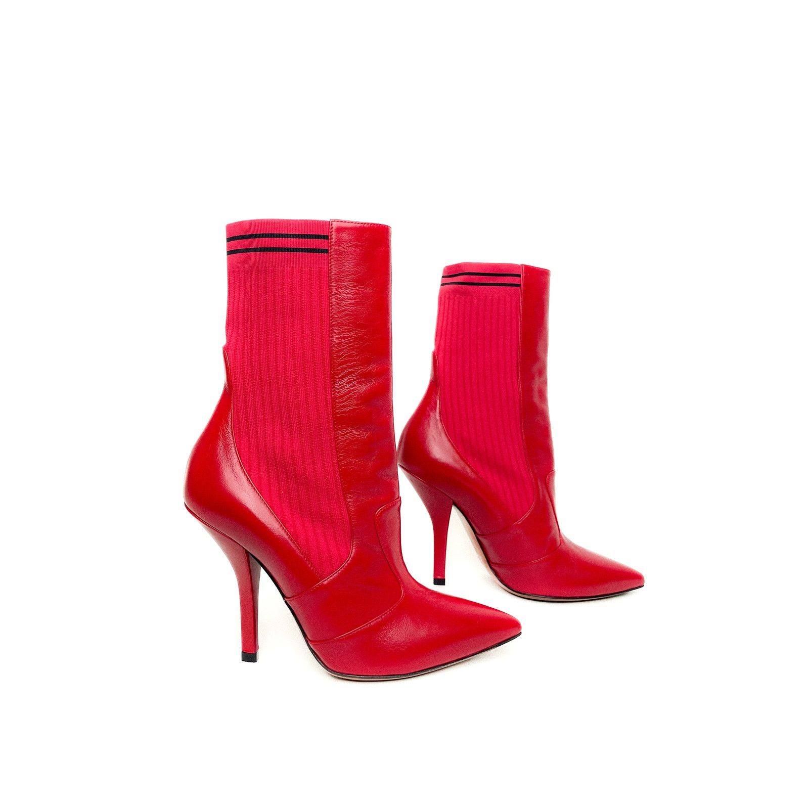 Fendi Red Leather And Knit Rockoko Ankle High Heel Boots Size US 8.5 / IT 38.5 - 3 Thumbnail