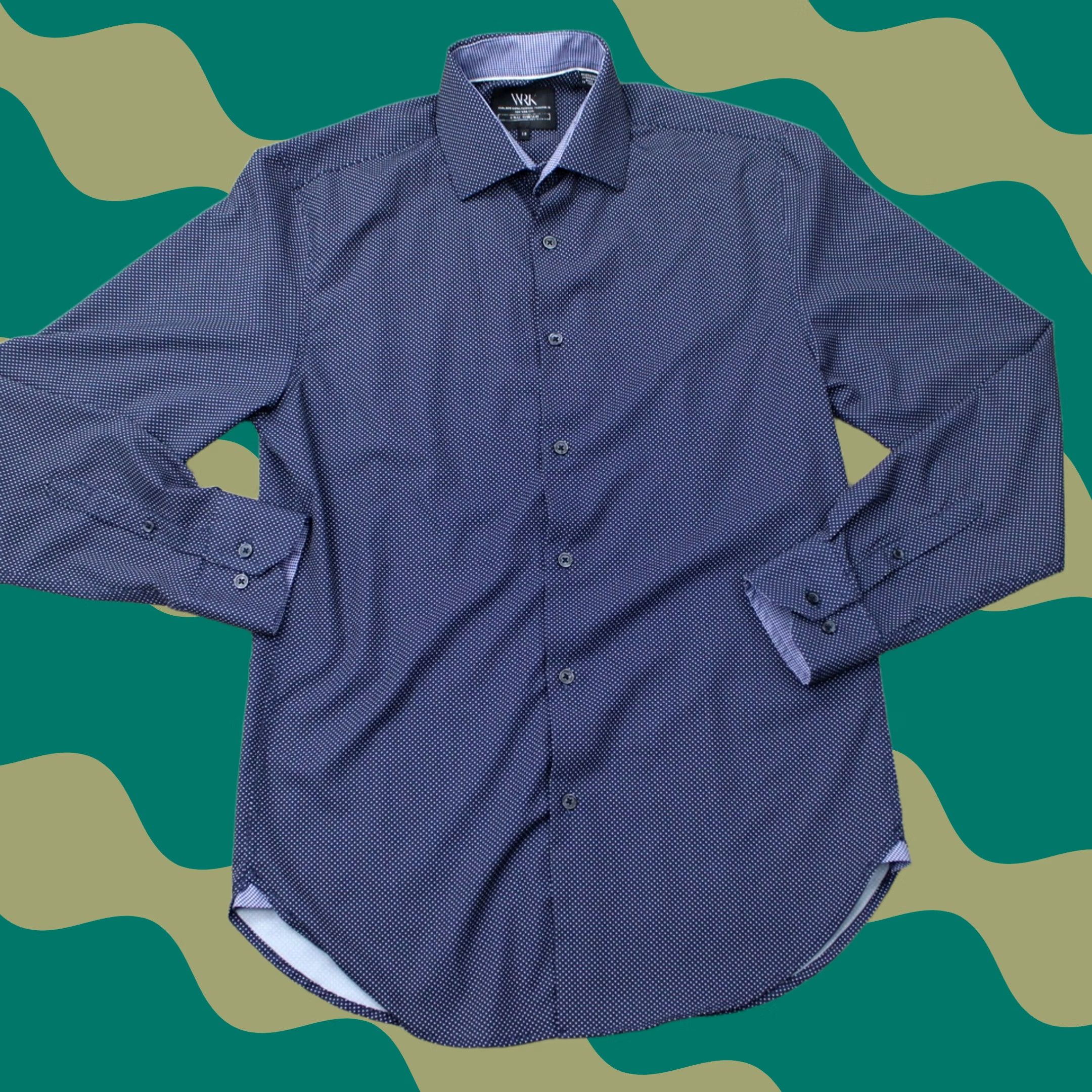 Vintage WRK Dress Shirt Men 15 Blue Geometric 4-Way Stretch Polyester Stretch L/S Button Shirt Mens Blue Geometric 4-Way Stretch Dress Shirt Size 40R - 1 Thumbnail