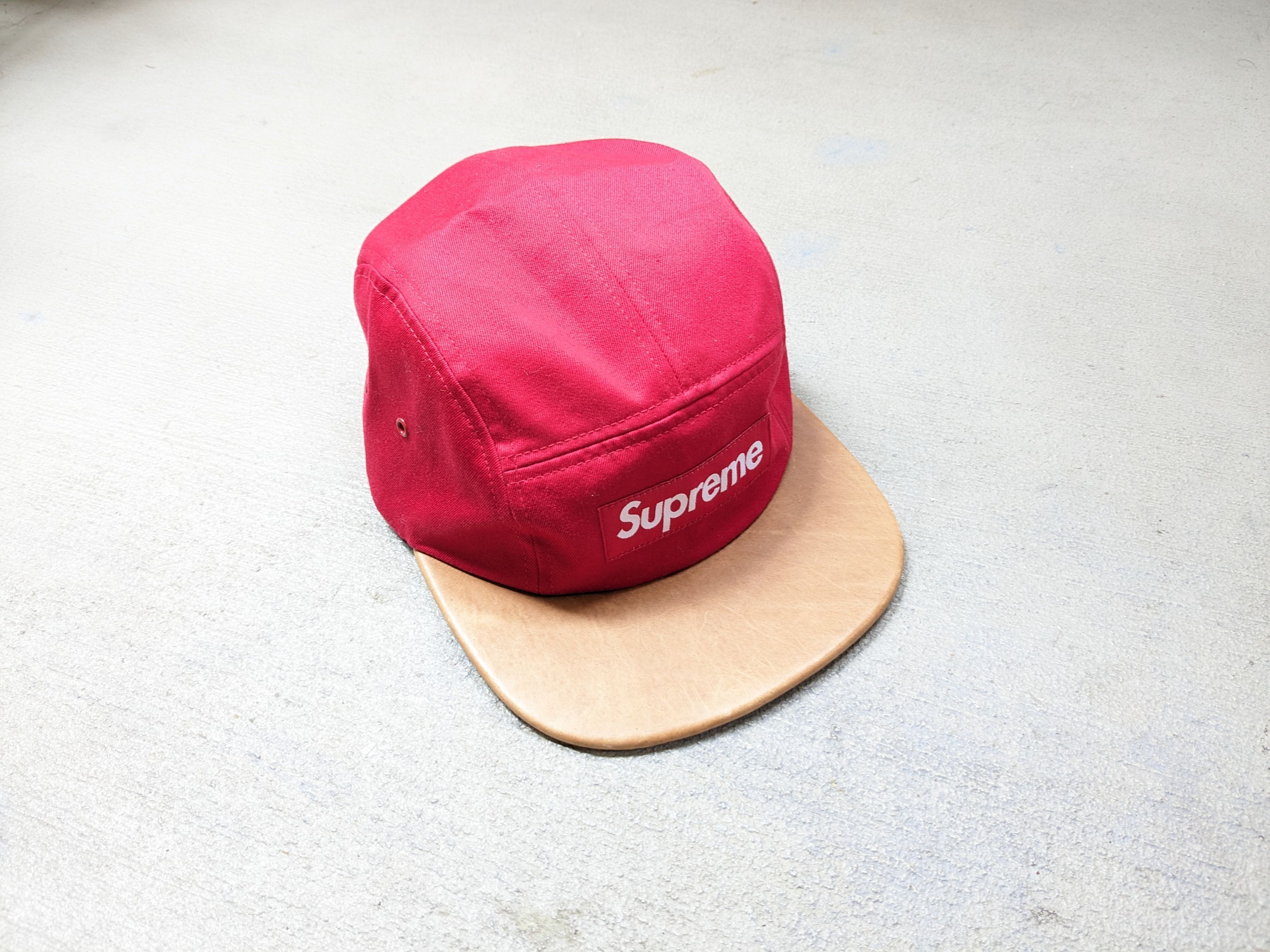 image of Supreme Expedition Leather Visor Camp Cap Red Brown Bogo, Men's