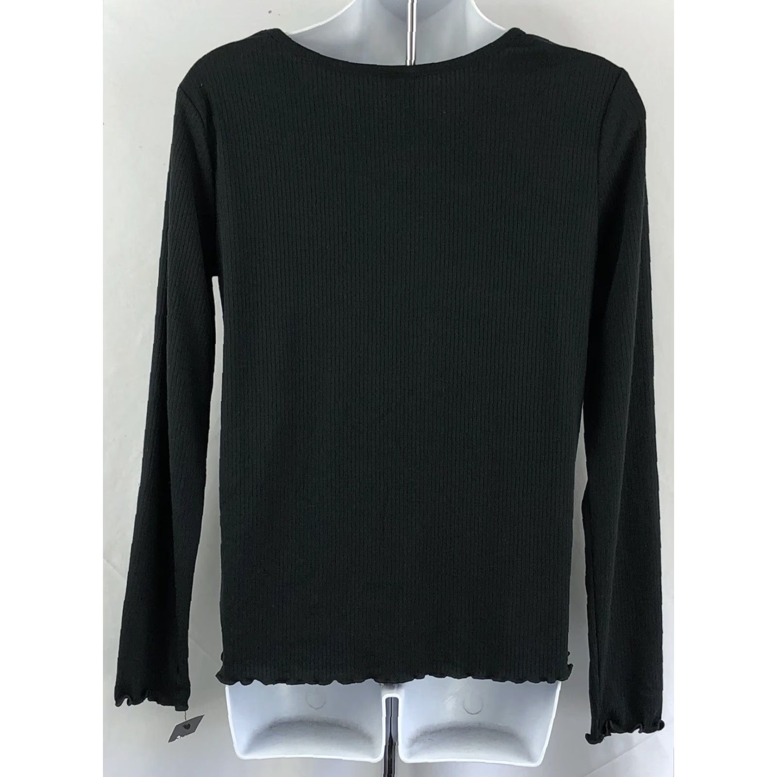 Vintage NWT art class Henley Jersey Top M Blk Ruched V-Neck Lettuce Hem Ribbed Knit Long Sleeve Shirt Womens Size M / US 6-8 / IT 42-44 - 3 Thumbnail