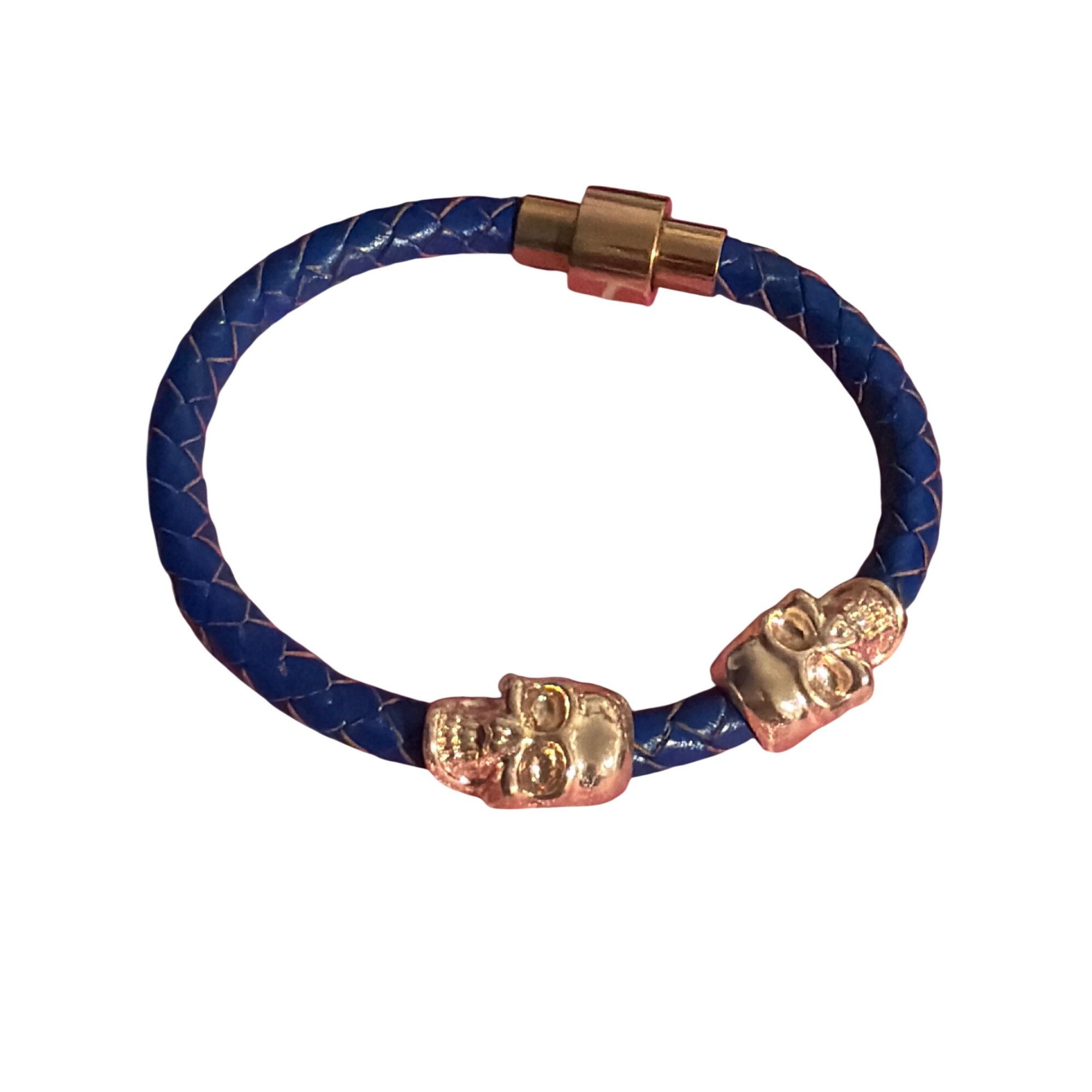 Other Twin Skull Blue Braided Leather Bracelet Rose Gold Tone Magn Size ONE SIZE - 1 Thumbnail