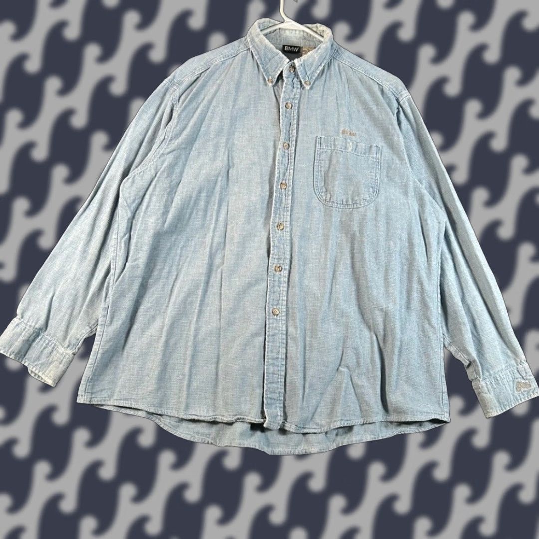 BMW VINTAGE BMW Shirt Button-Up Long Sleeve Chambray Blue Mens XL Size 46R - 1 Thumbnail