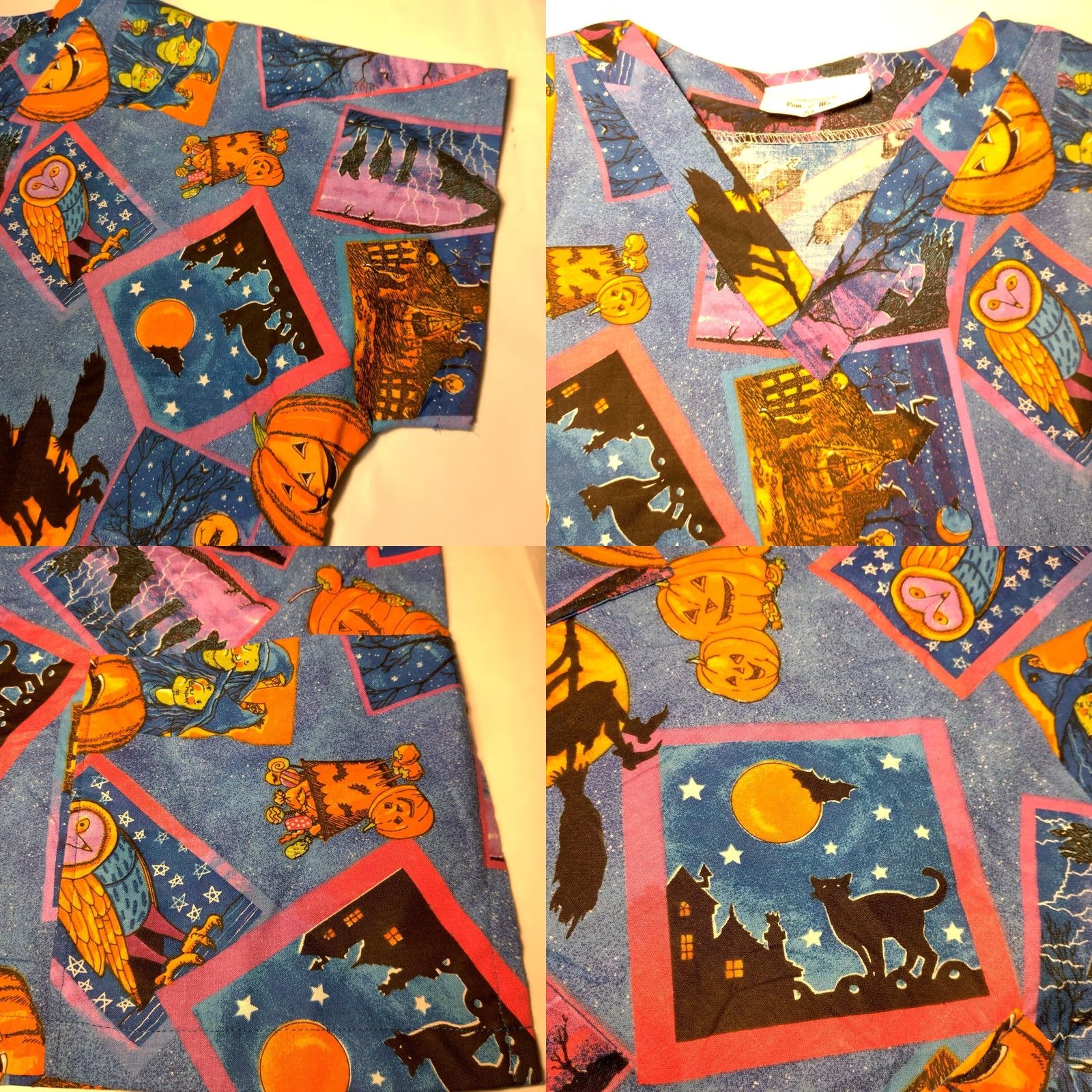 MadeMe Homemade Halloween Scrub Top Shirt Women S Blue Witch Cat Bat Owl Pumpkin Work Size S / US 4 / IT 40 - 8 Thumbnail