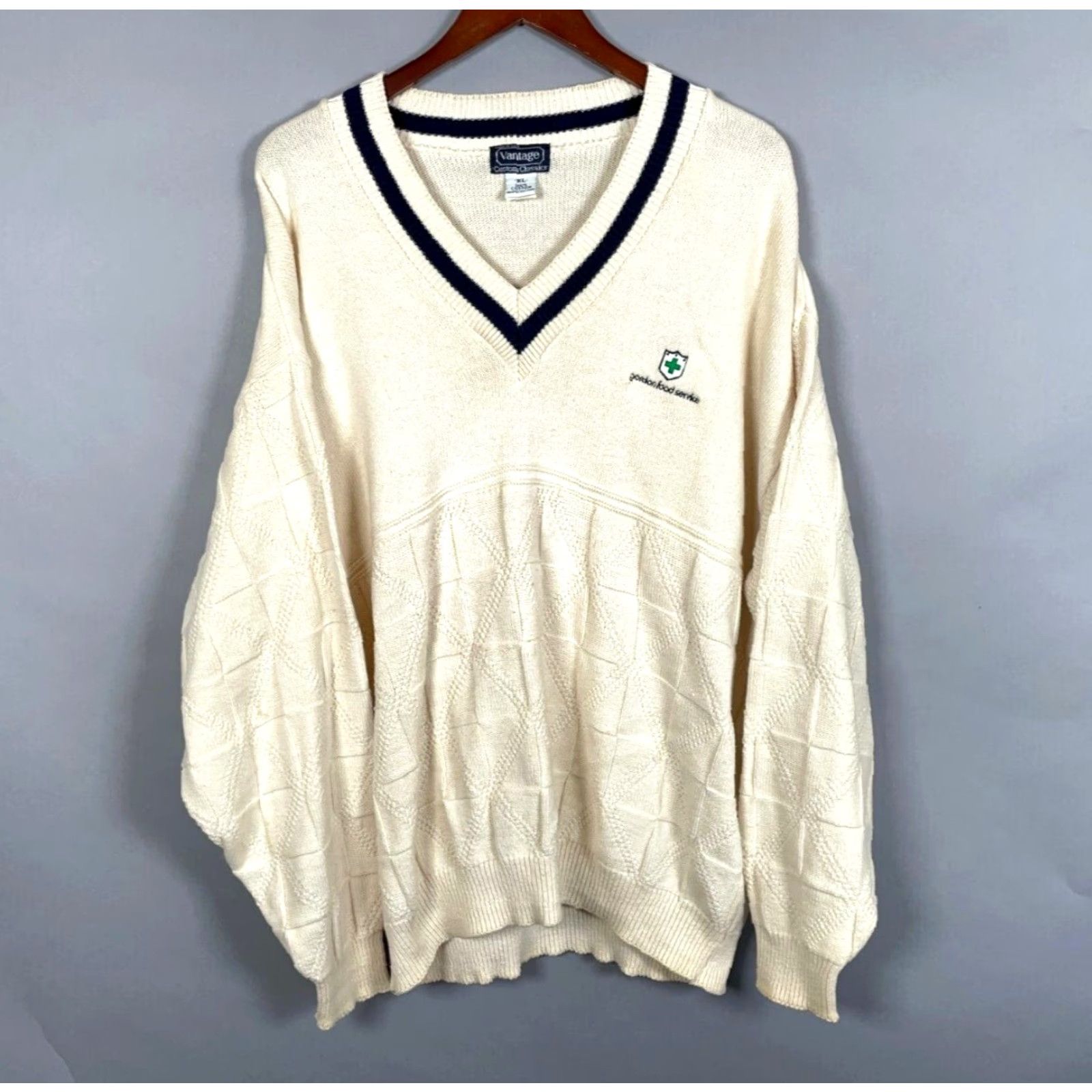 Vintage VINTAGE Vantage Cotton Sweater Men's XL V-Neck Knit Pullover Casual Autumn Winter Ivory Embroidered 90s Size US XL / EU 56 / 4 - 2 Thumbnail