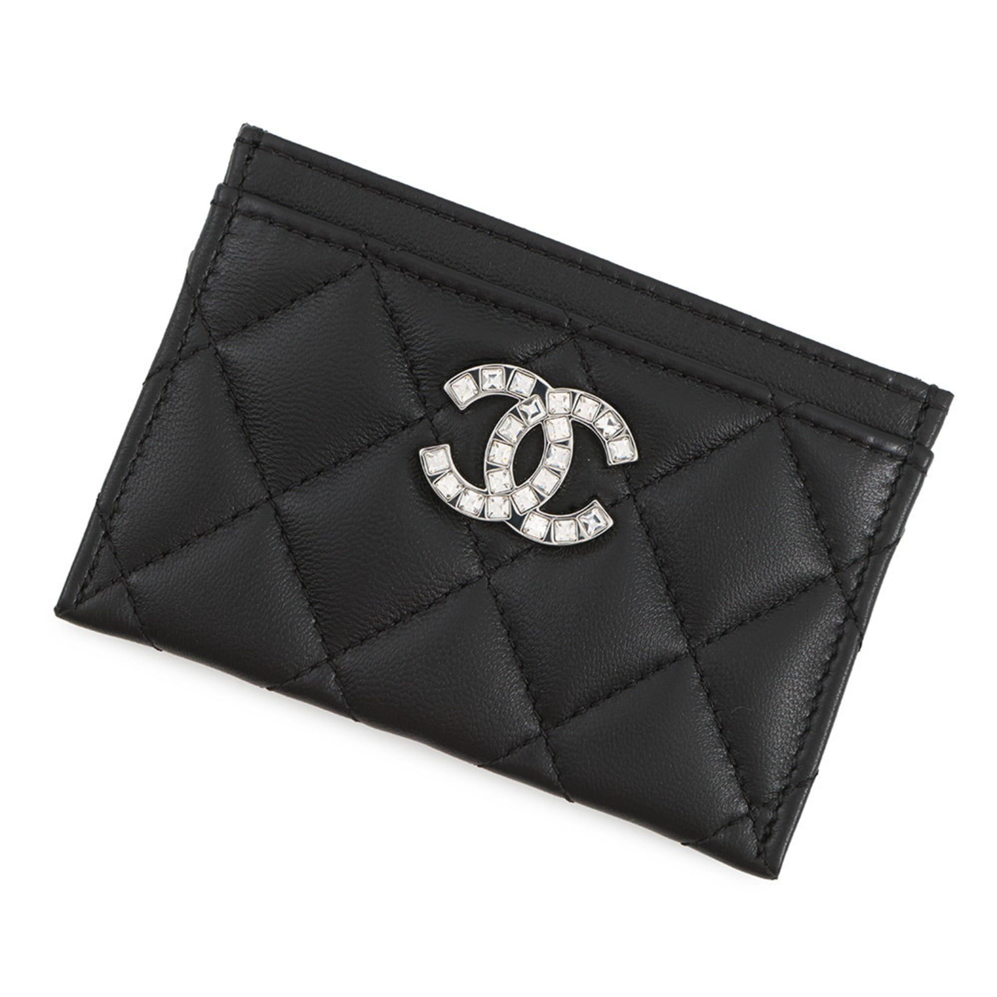 CHANEL Card Case Matelasse Coco Mark Rhinestone Lambskin AP3990 Business Holder Pass Black