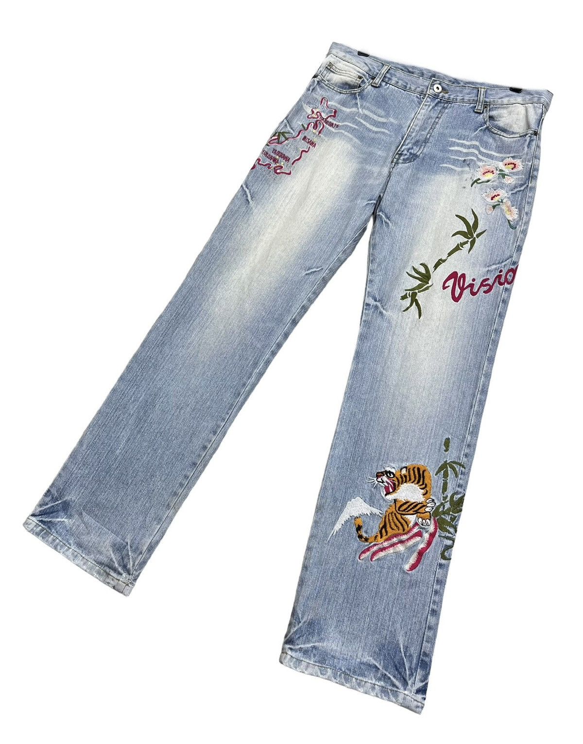 Japanese Brand 💥VISION OF JAPAN Sukajan Embroidery Light Wash Distressed Size 31" - 7 Thumbnail