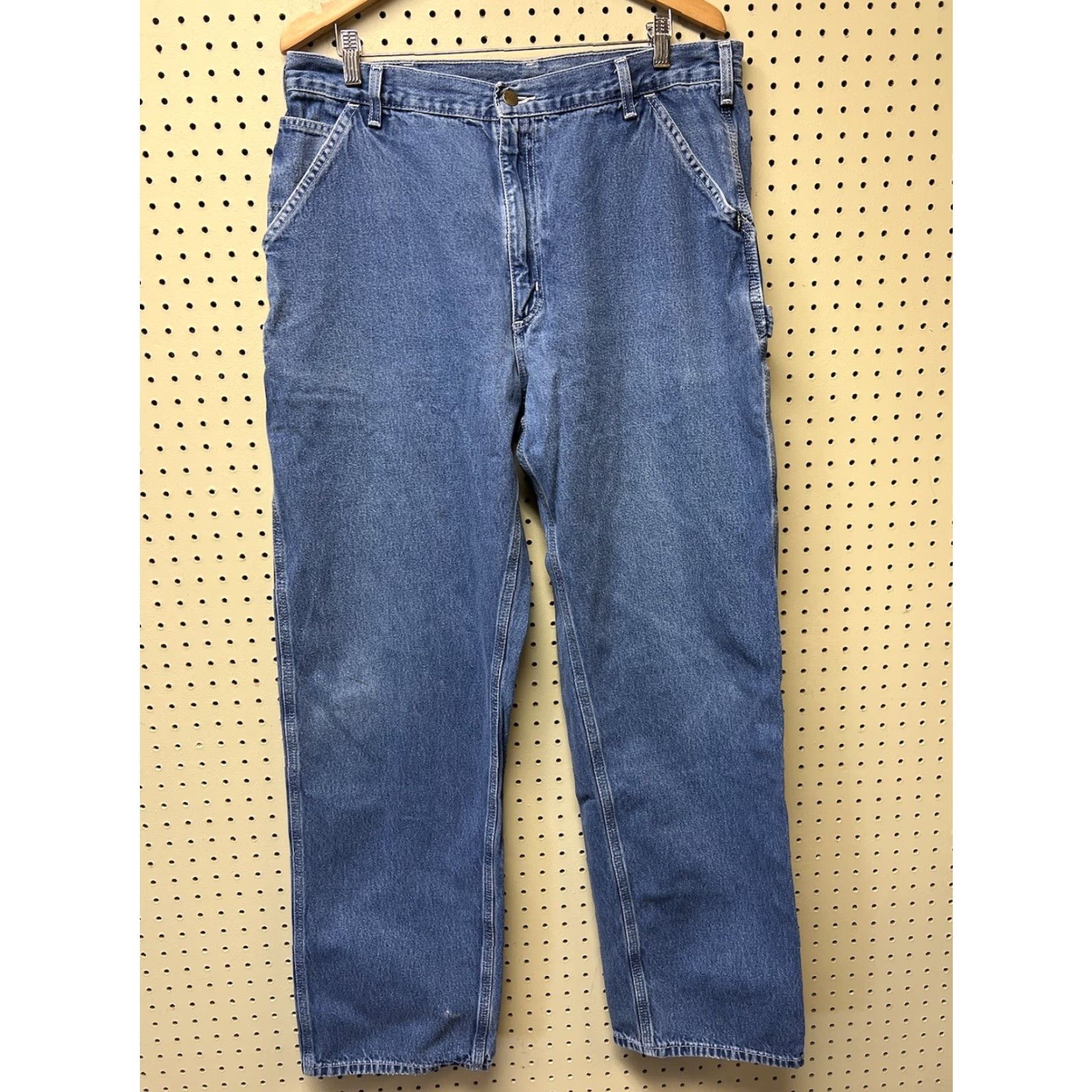 Carhartt VINTAGE Carhartt Jeans – 36x34 Relaxed Fit, Blue, Distressed, 9” Leg Opening, Belt Loops, Button/Zip, Regular, Cotton, USA, Mens Size US 36 / EU 52 - 2 Thumbnail