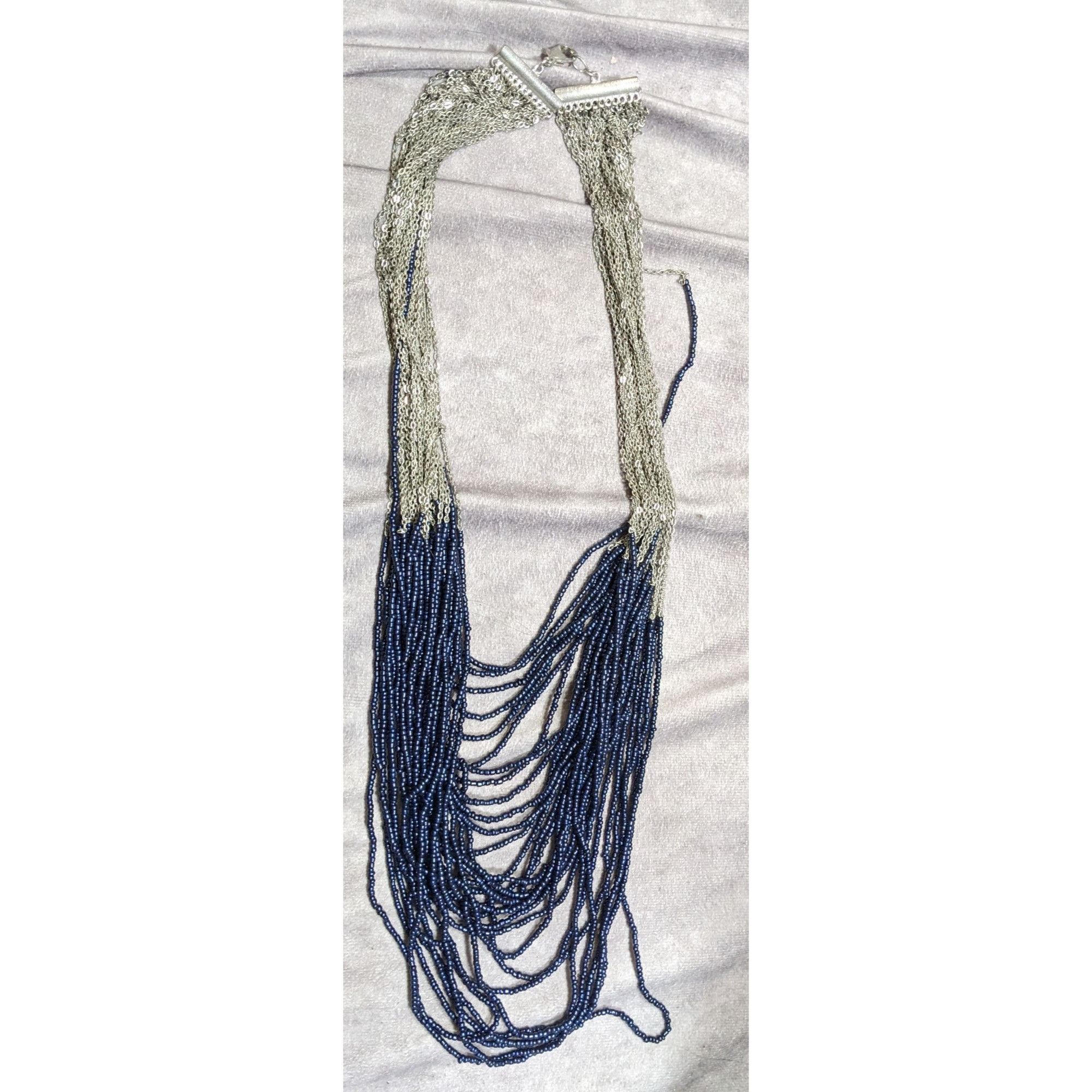 Other Elegant Multi-Strand Navy Bead & Silver Chain Statement Neck Size ONE SIZE - 4 Thumbnail