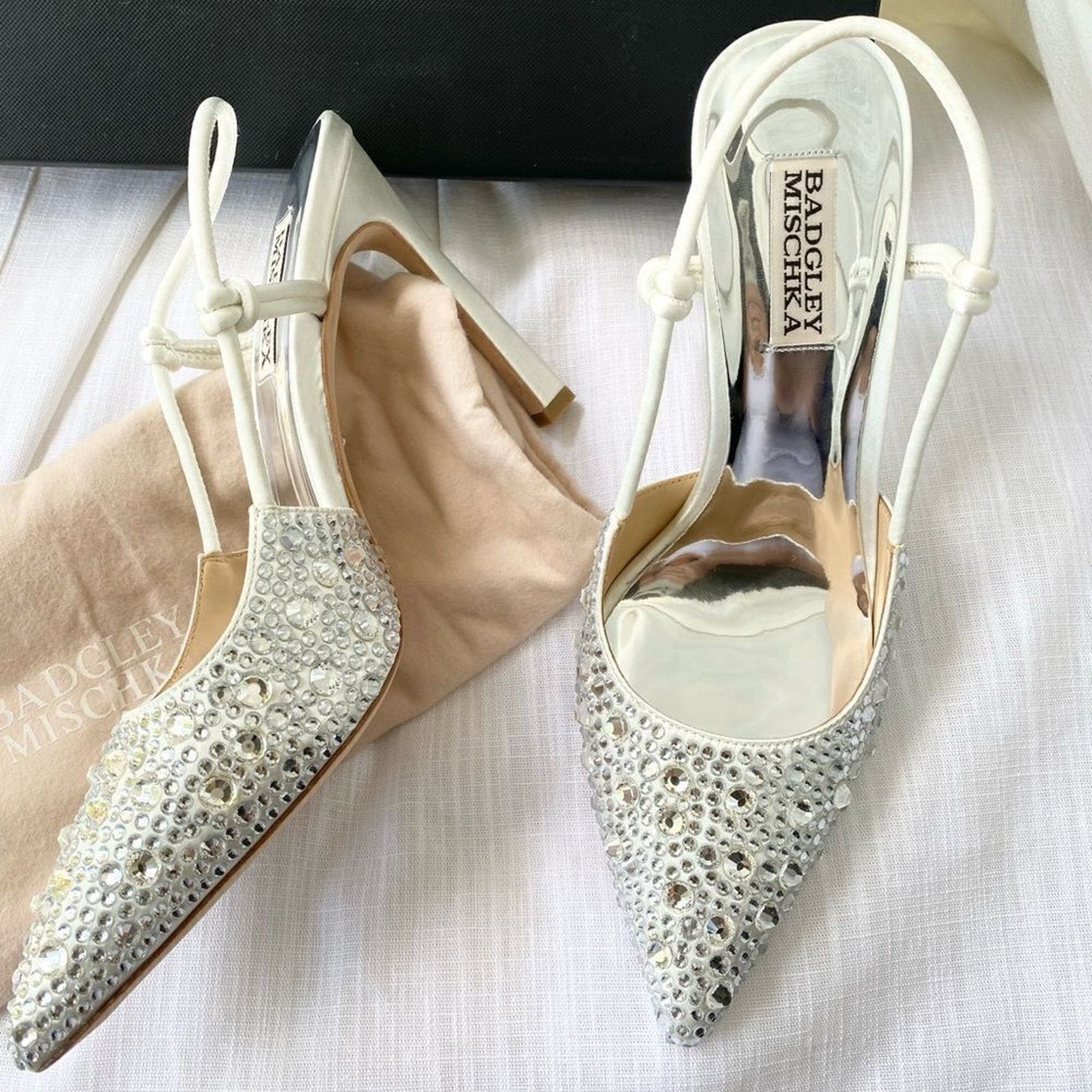 Badgley Mischka Badgley Mischka White Satin Crystal Heel Pumps - Size 8.5 Size US 8.5 / IT 38.5 - 4 Thumbnail