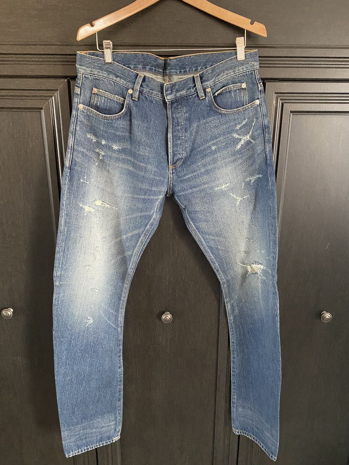 image of Balmain Distressed Skinny Jeans in Blue, Men's (Size 34)