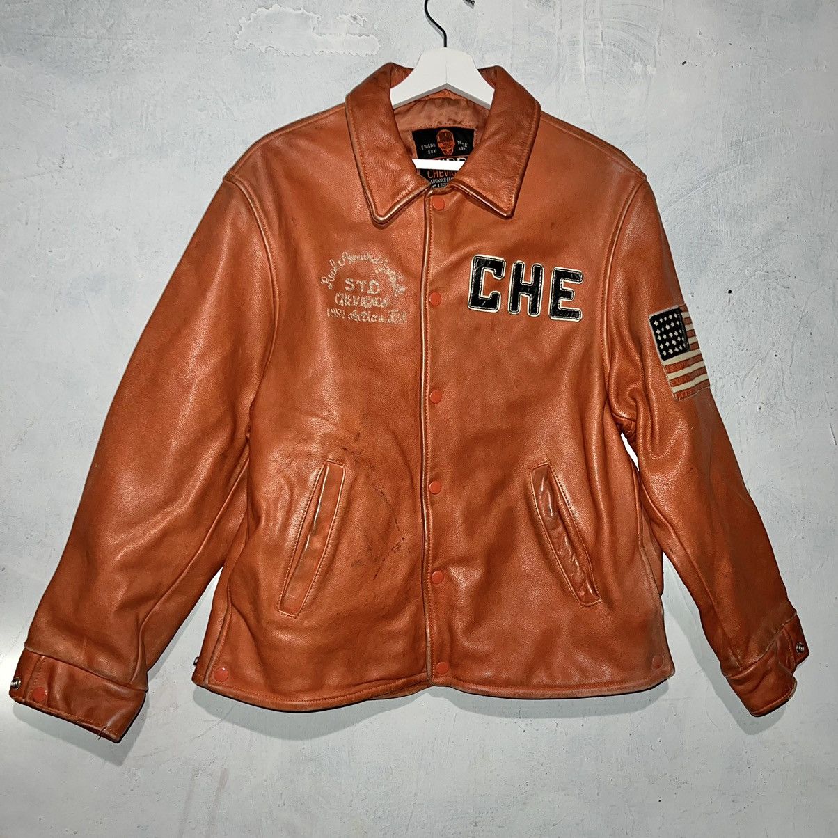 image of Leather Jacket x Vintage 22X26.5 Vintage Chevignon Leather Button Up Jacket Large in Orange, Men's