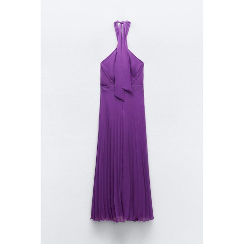 Zara NEW Women's Purple Chiffon Cut Out Pleated Halter Dress