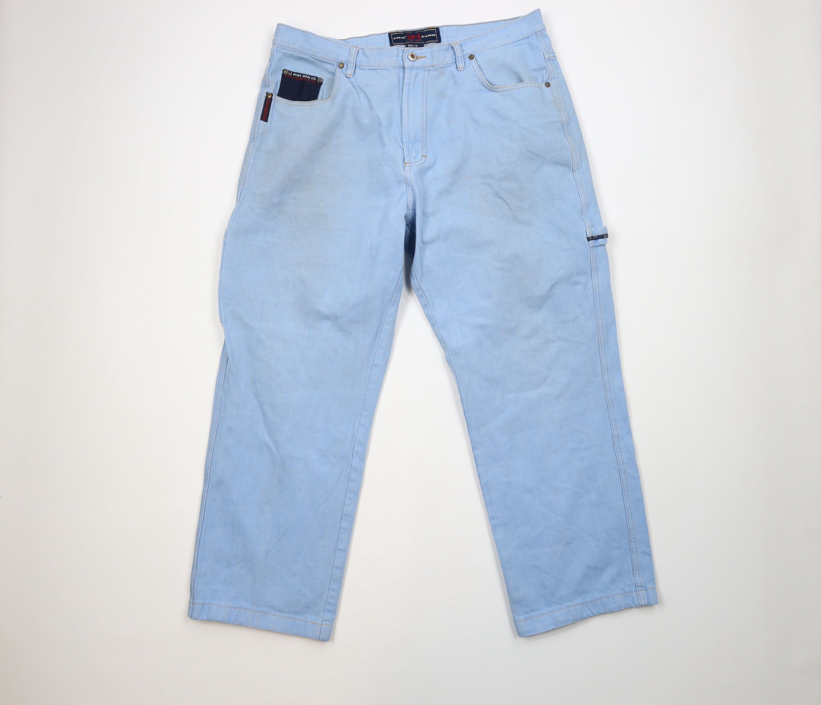 image of 90's Phat Farm Spell Out Baggy Wide Leg Denim Jeans in Blue, Men's (Size 38)