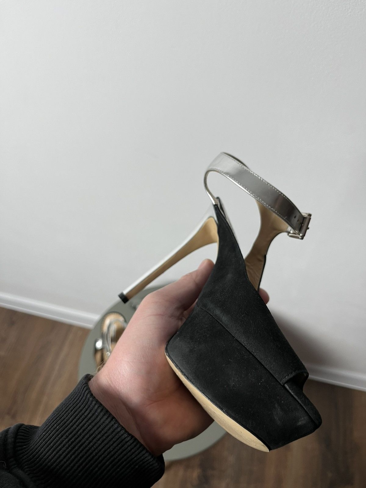 Emporio Armani Emporio Armani Black Suede Peep Toe Heels with Silver Straps Size US 6 / IT 36 - 9 Thumbnail