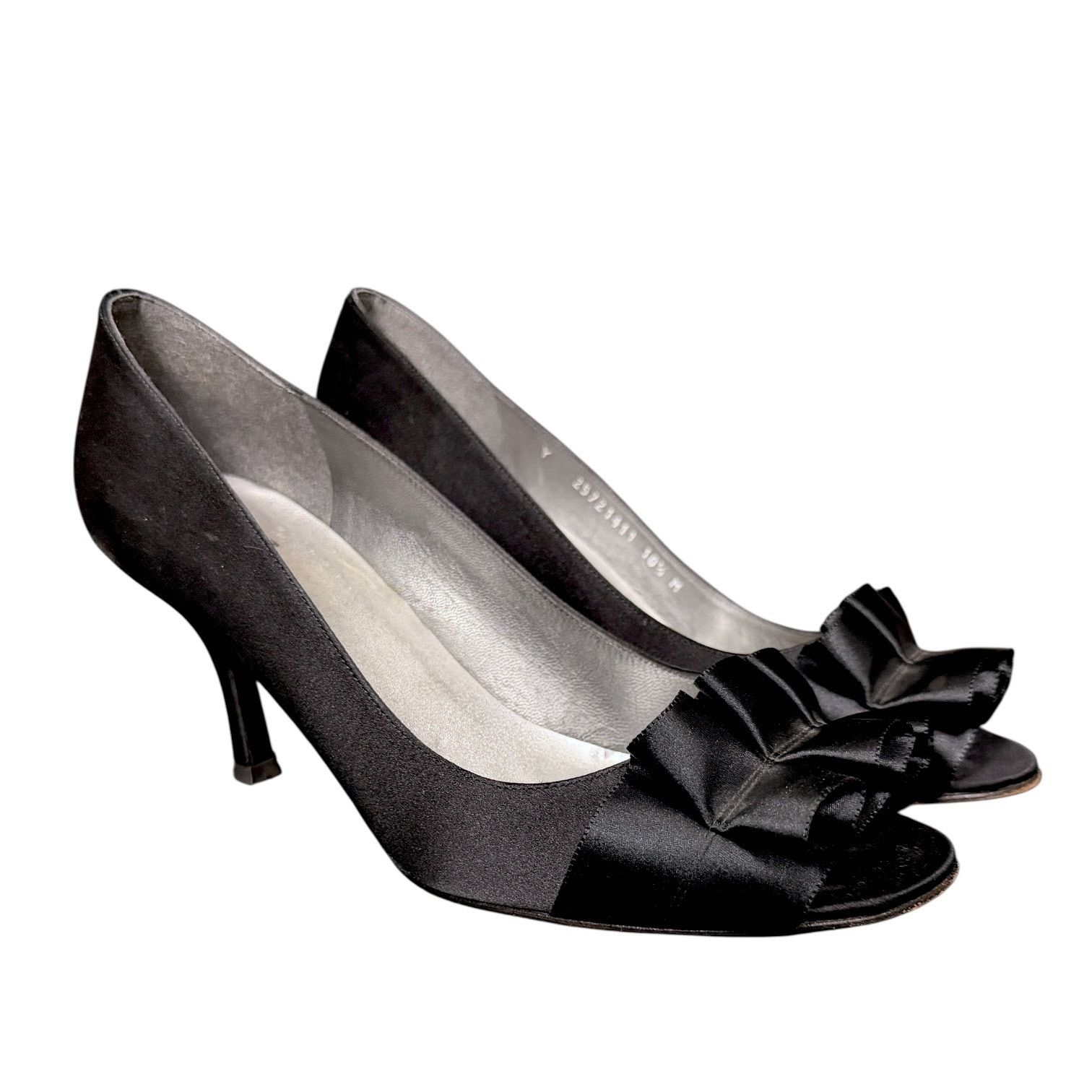 Stuart Weitzman Stuart Weitzman Black Satin Ruffle Bow Open High Heel 10.5 Size US 10.5 / IT 40.5 - 1 Thumbnail