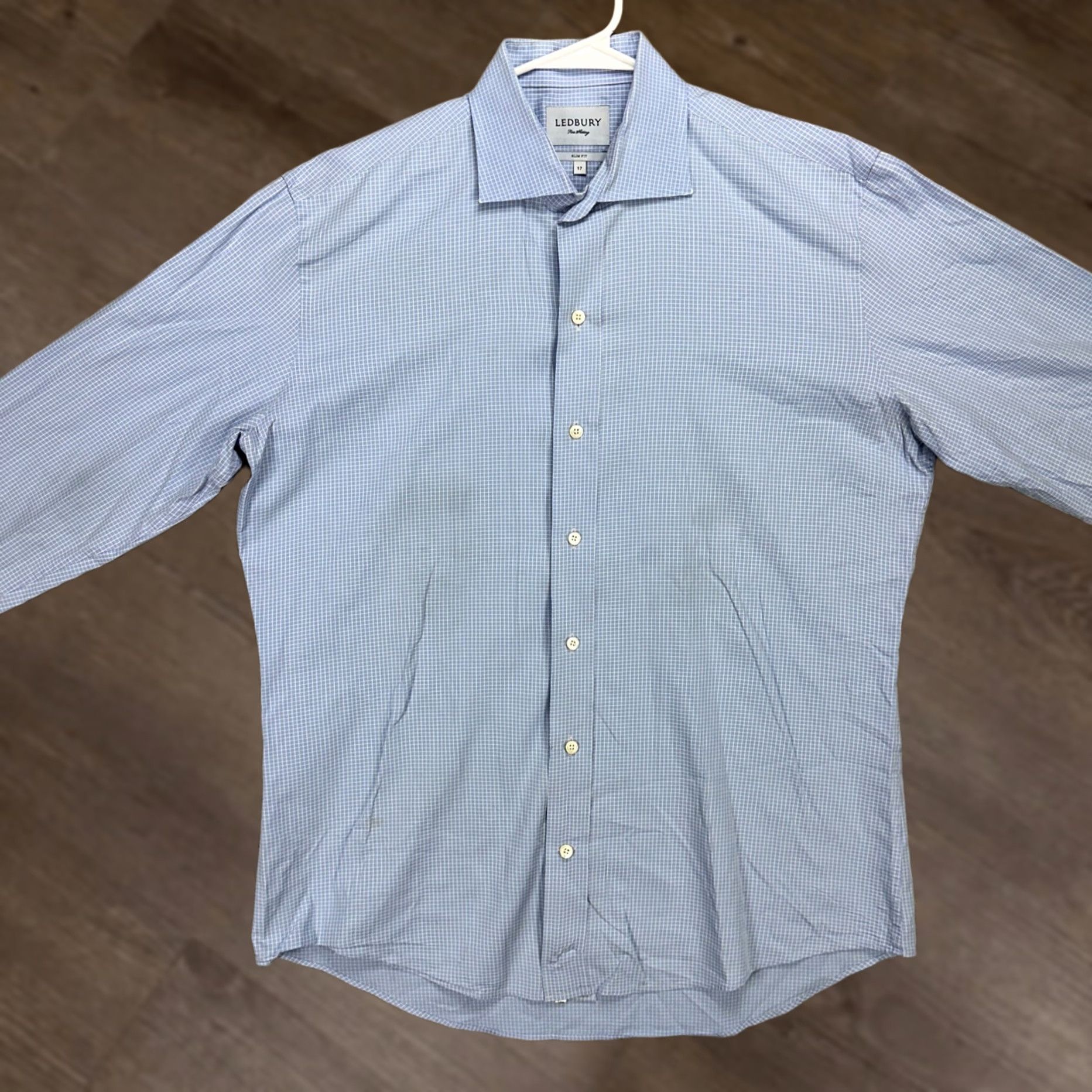 Vintage Ledbury Dress Shirt 17 Blue White Grid Check Slim Fit Button Up Long Sleeve Mens Size 46R - 1 Thumbnail