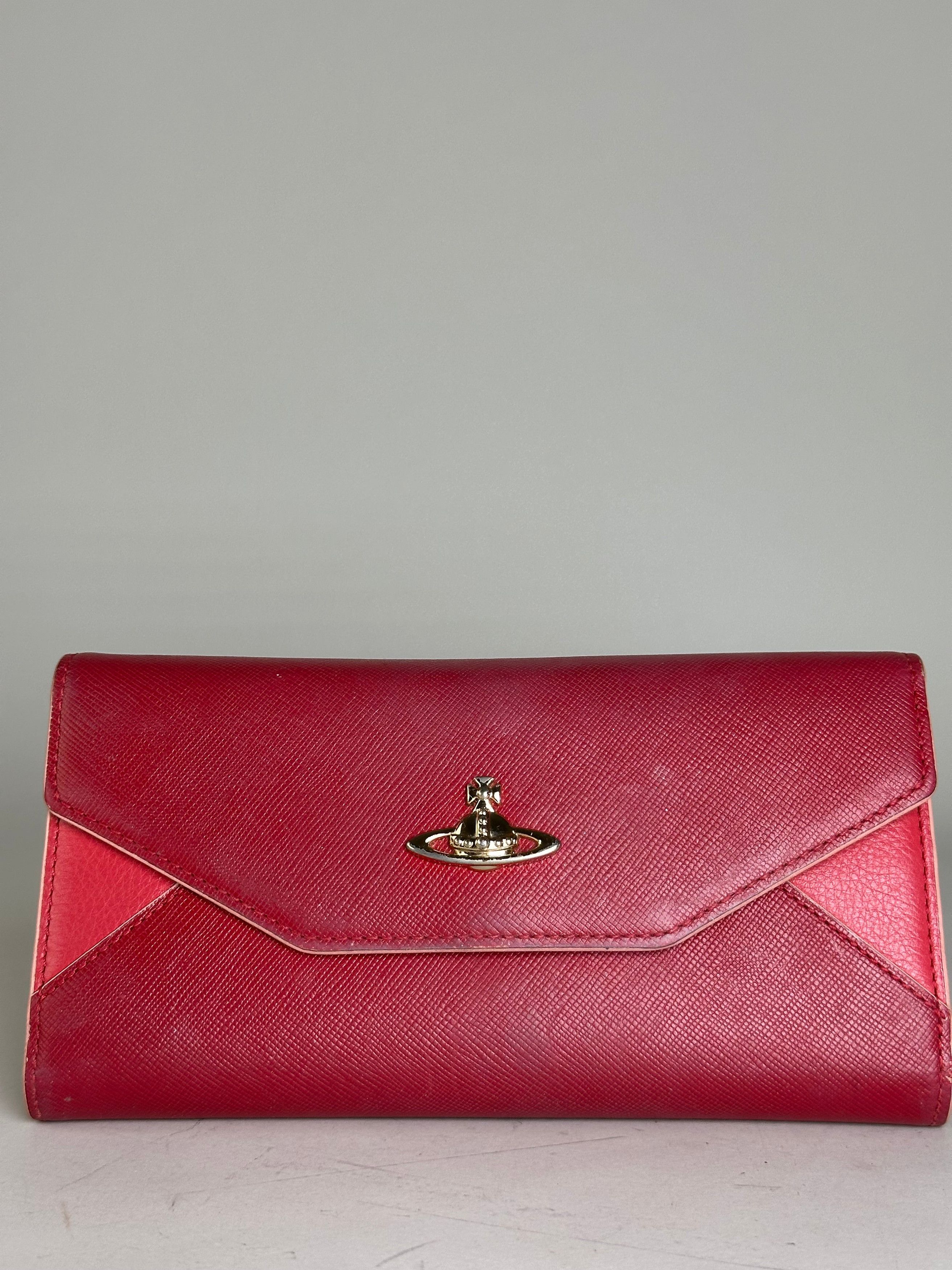 Vintage Leather Wallet Red Gold-Tone Clasp, Women's