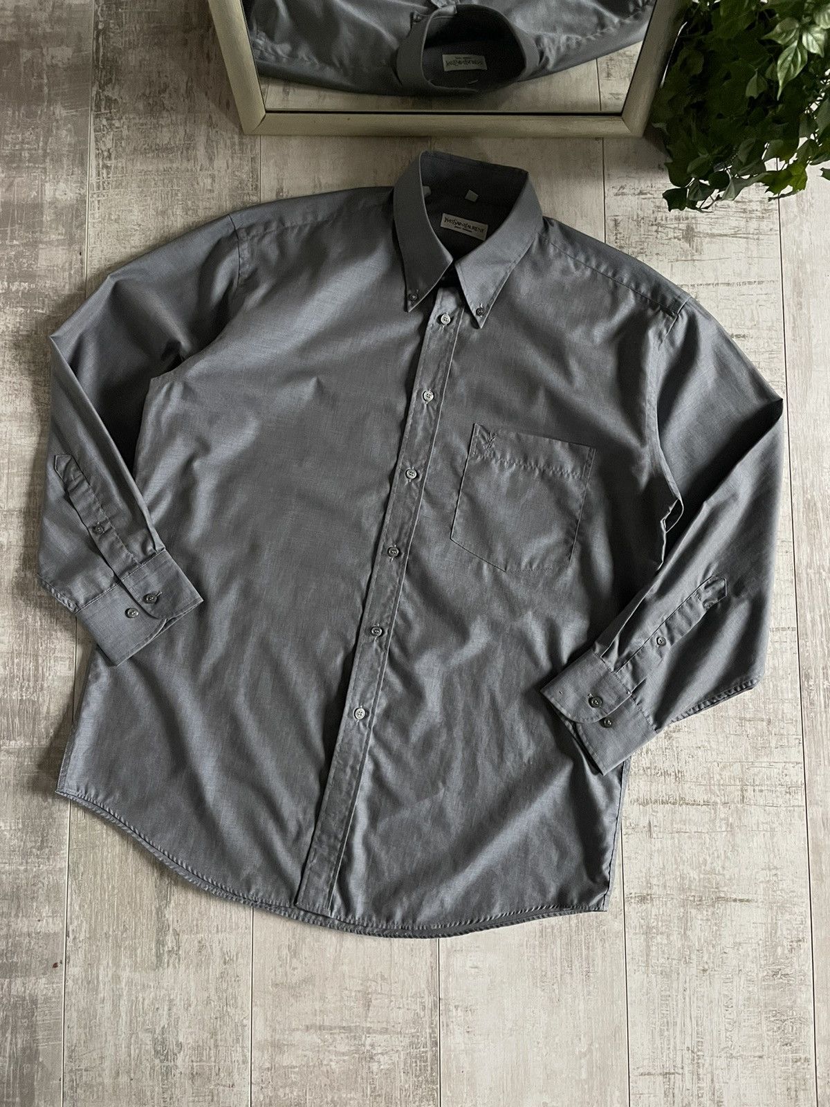 Vintage × Yves Saint Laurent Vintage Yves Saint Laurent Shirt Button Up Grey YSL Logo Size US M / EU 48-50 / 2 - 3 Thumbnail