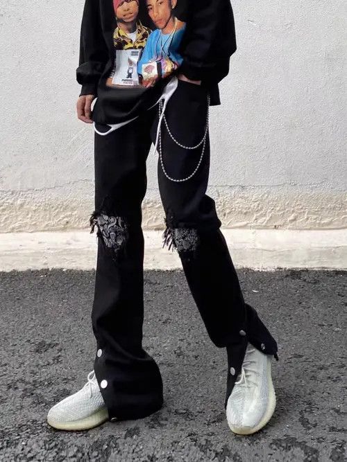 VIBE Black high street patched ripped straight breasted jeans Size US 32 / EU 48 - 2 Thumbnail