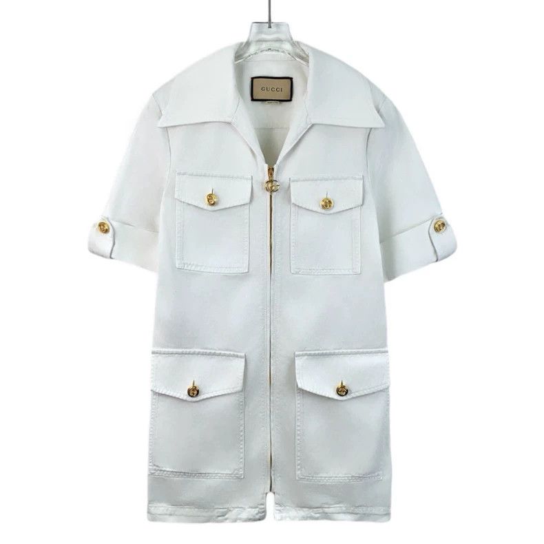 Gucci White double-pocket lapel short-sleeved zipper workwe