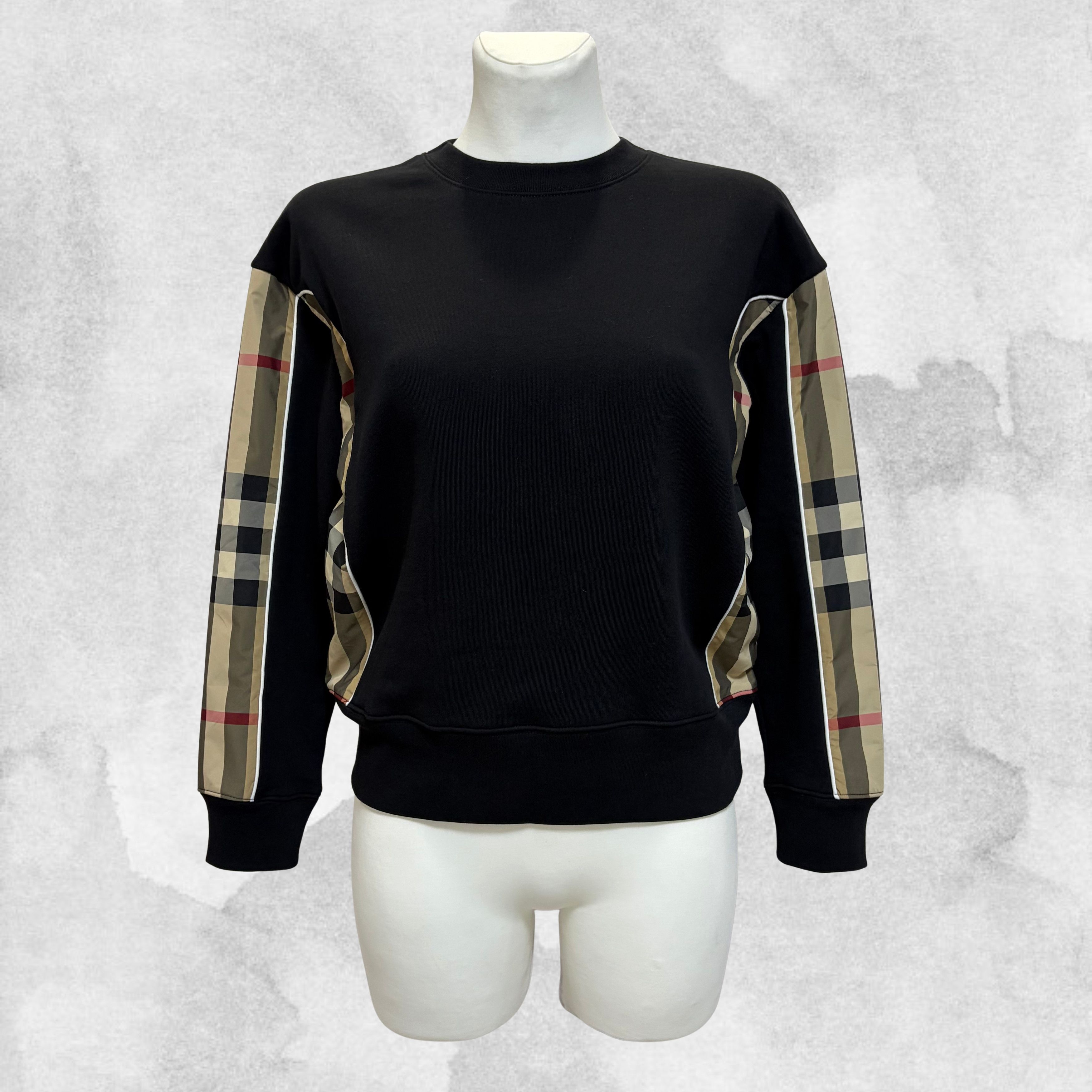 Burberry BURBERRY Sweatshirt Check Panel Cotton Nova Crewneck Black Size S / US 4 / IT 40 - 1 Thumbnail