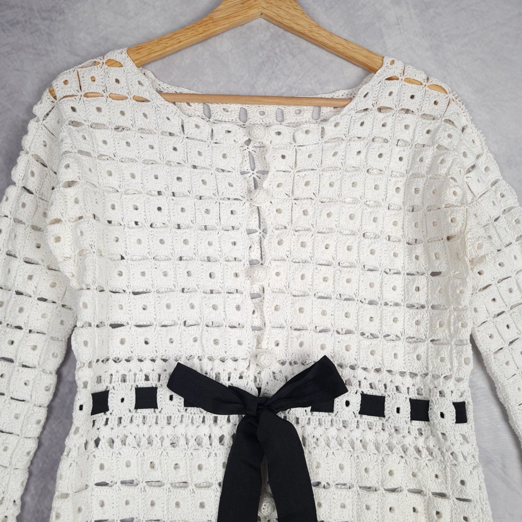 Robert Rodriguez Robert Rodriguez Dress Womens XS White Crochet Open Granny Squares Ribbon Belt Mod Duster Size XS / US 0-2 / IT 36-38 - 2 Thumbnail