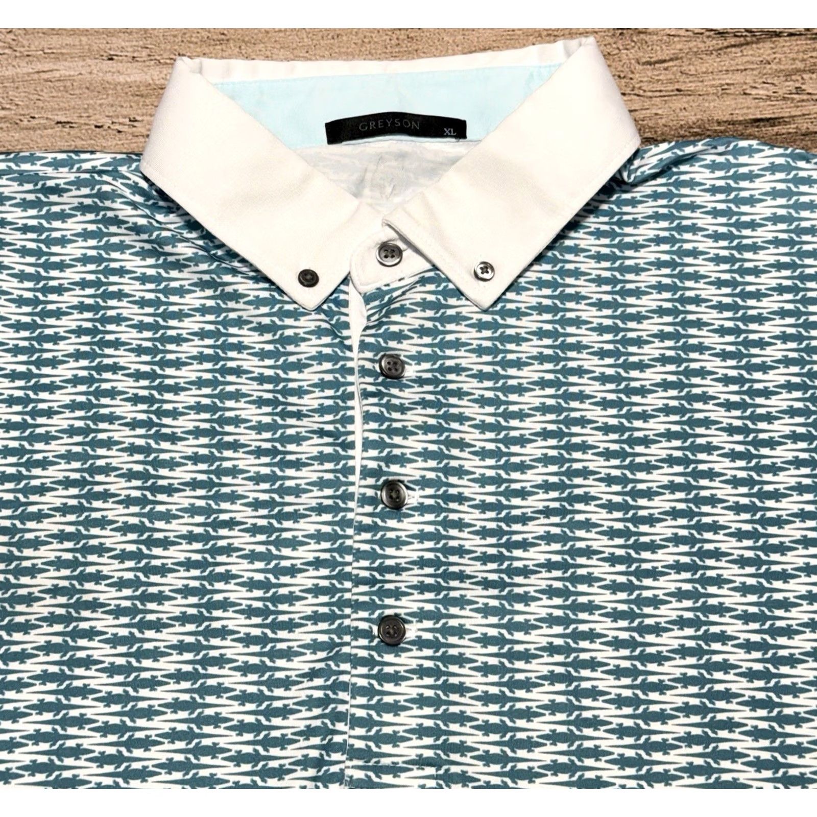 Vintage Greyson Polo Shirt Mens XL White Green Alligator All Over Print Golf Animal Print Wolf Logo Brand Polo Shirt Light Breathable Size US XL / EU 56 / 4 - 2 Thumbnail