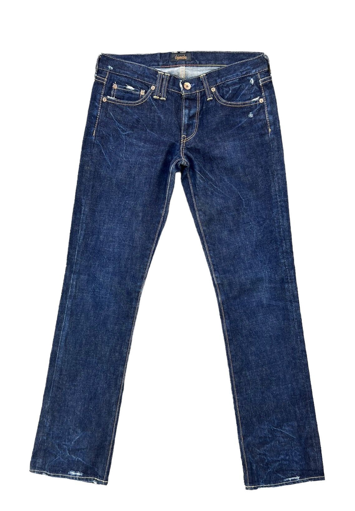 image of Chimala Japan Low Rise Ripped Denim Distressed Jeans in Dark Blue, Men's (Size 29)