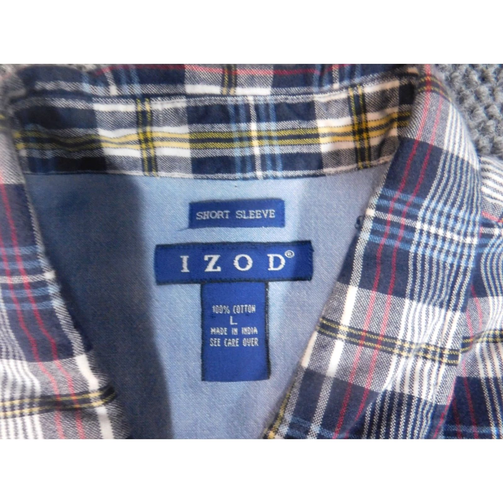Izod IZOD Shirt Button-Up Mens Large Blue Plaid Short Sleeve Classic Collar Down Casual Regular Button-Navy Blue, Cotton, Knit, Breathable, Vintage: No Size US L / EU 52-54 / 3 - 6 Thumbnail