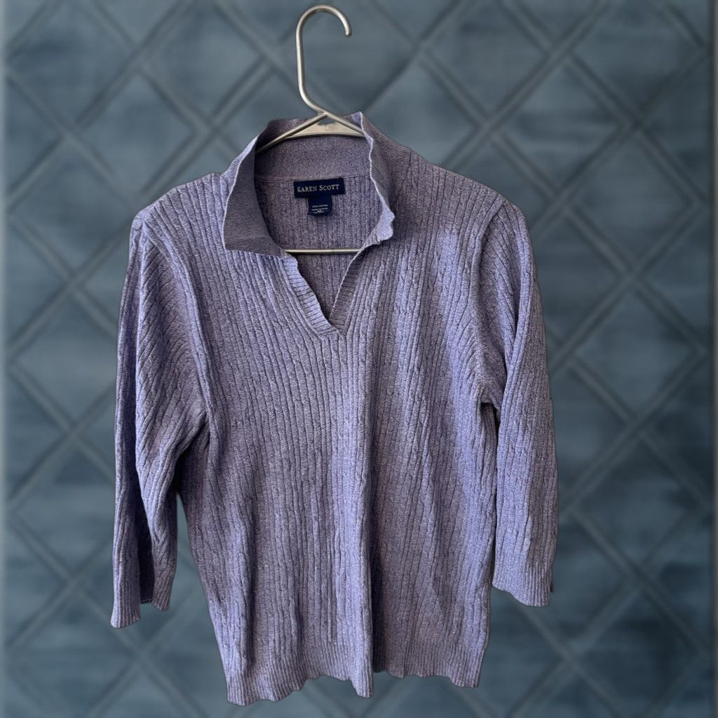 Vintage Karen Scott Sweater Women's Purple 3/4 Sleeve Collared V-Neck Size M Knit Top Casual Shirt Pullover Size M / US 6-8 / IT 42-44 - 1 Thumbnail