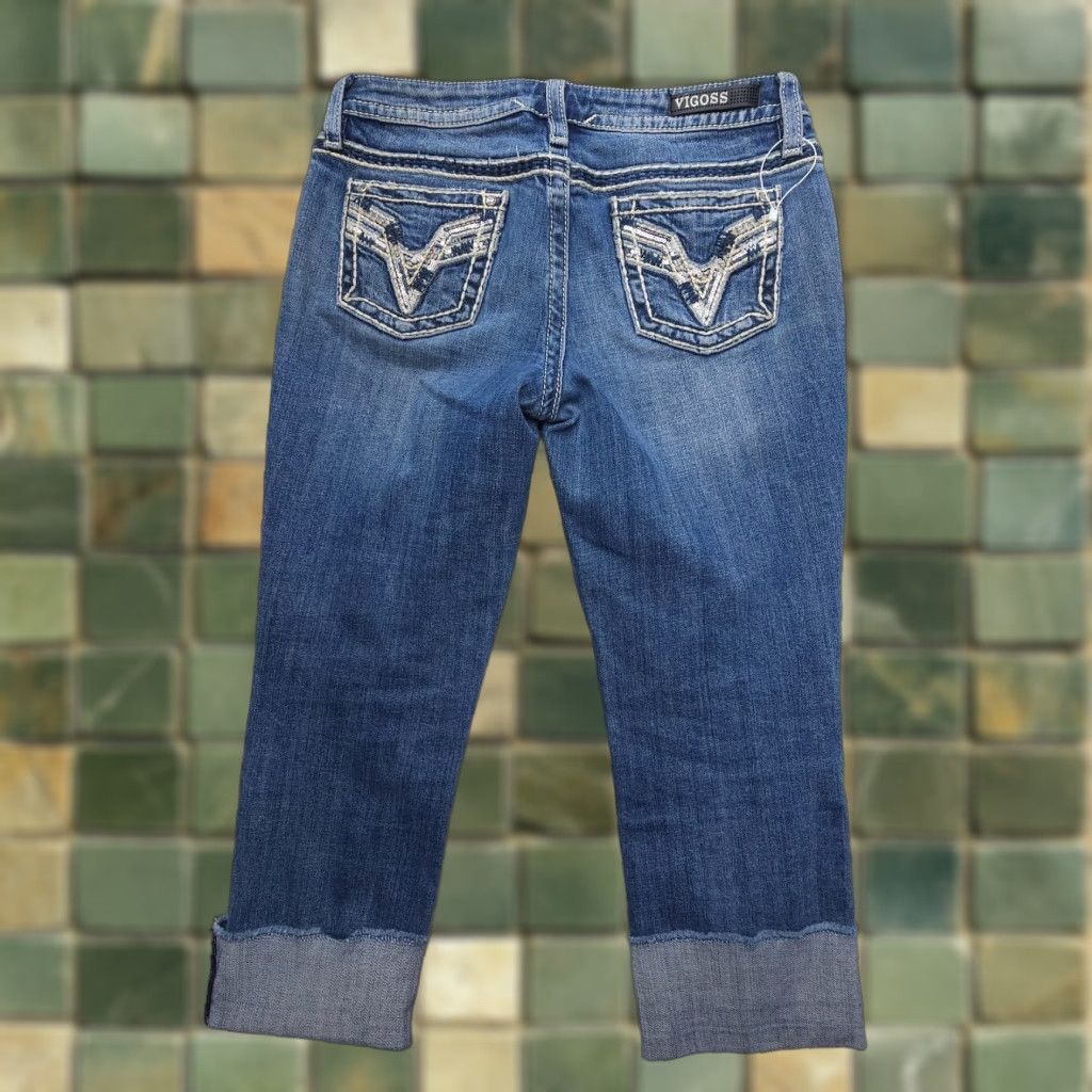 Vintage VIGOSS Chelsea Capri Heritage Fit Size 8 Denim Jeans Women Low 5-Pocket Pockets Blue Embroidered Rhinestone Size ONE SIZE - 1 Thumbnail
