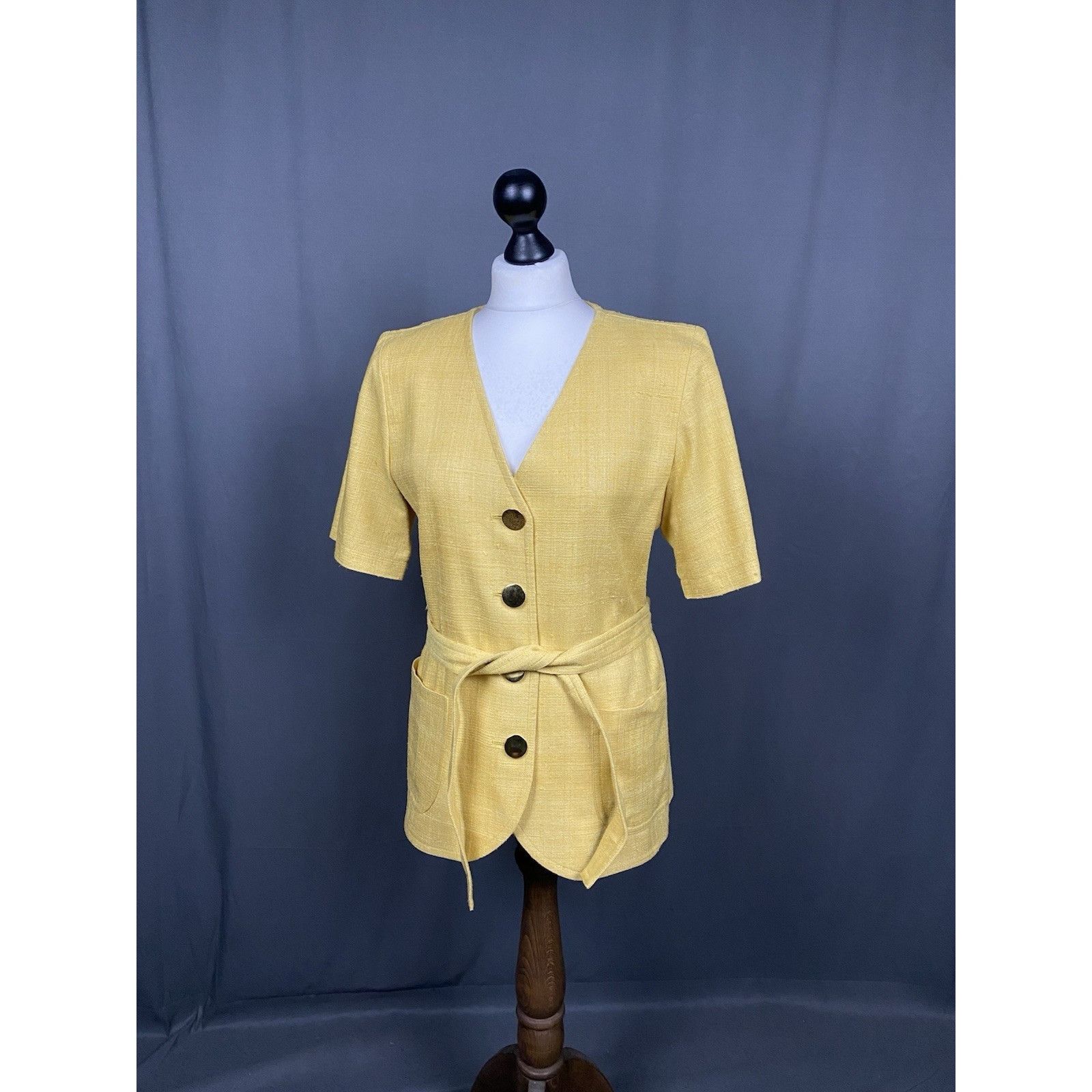 Yves Saint Laurent YSL Variation Women's Yellow Silk Short Sleeve Blazer Jacket Size L / US 10 / IT 46 - 2 Thumbnail