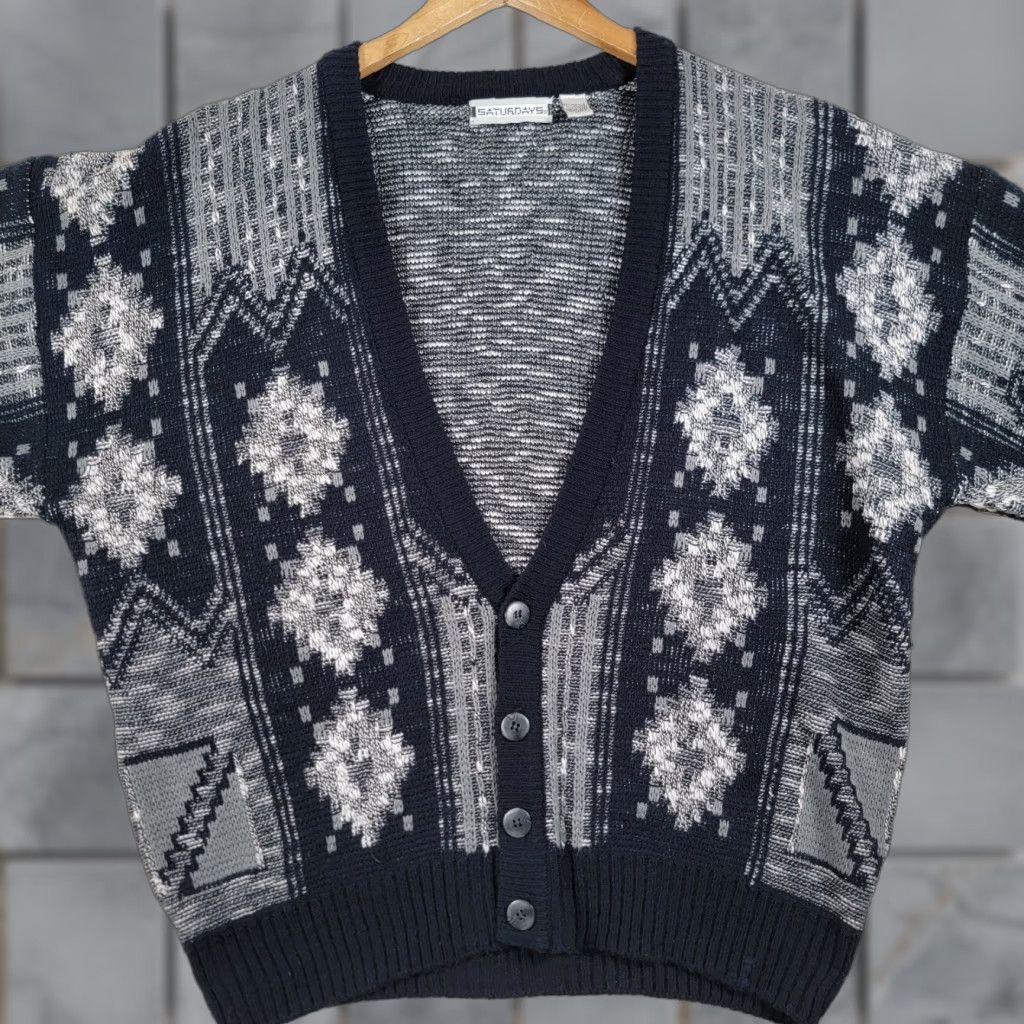 Saturdays NYC VINTAGE SATURDAYS Cardigan Mens XL Tribal Aztec Black White 90s Geometric Knit Sweater Size US XL / EU 56 / 4 - 1 Thumbnail
