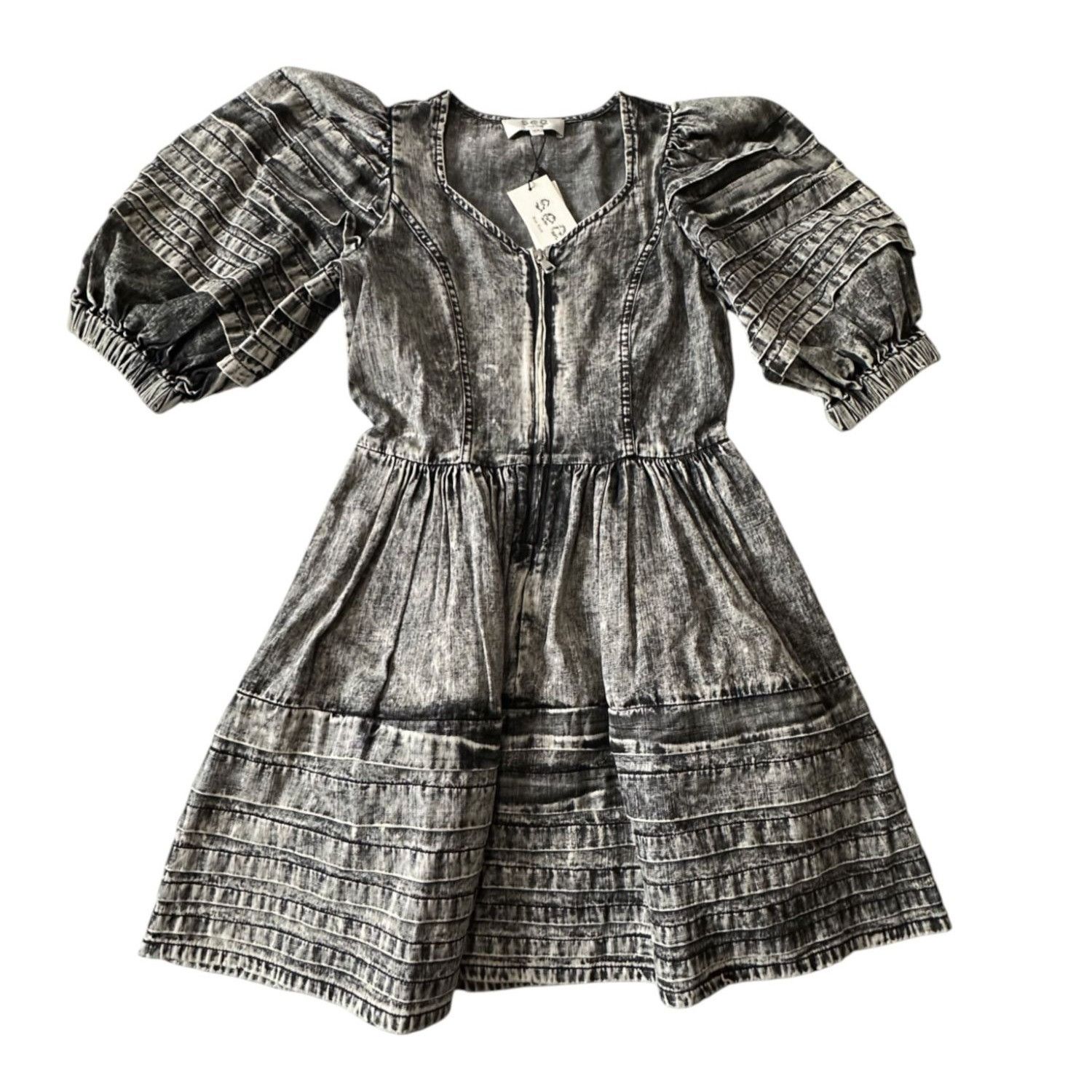 Sea New York Sea New York Dylan Mini Dress 00 Black Chambray Puff Sleeve Size XXS / US 00 / IT 34 - 6 Thumbnail