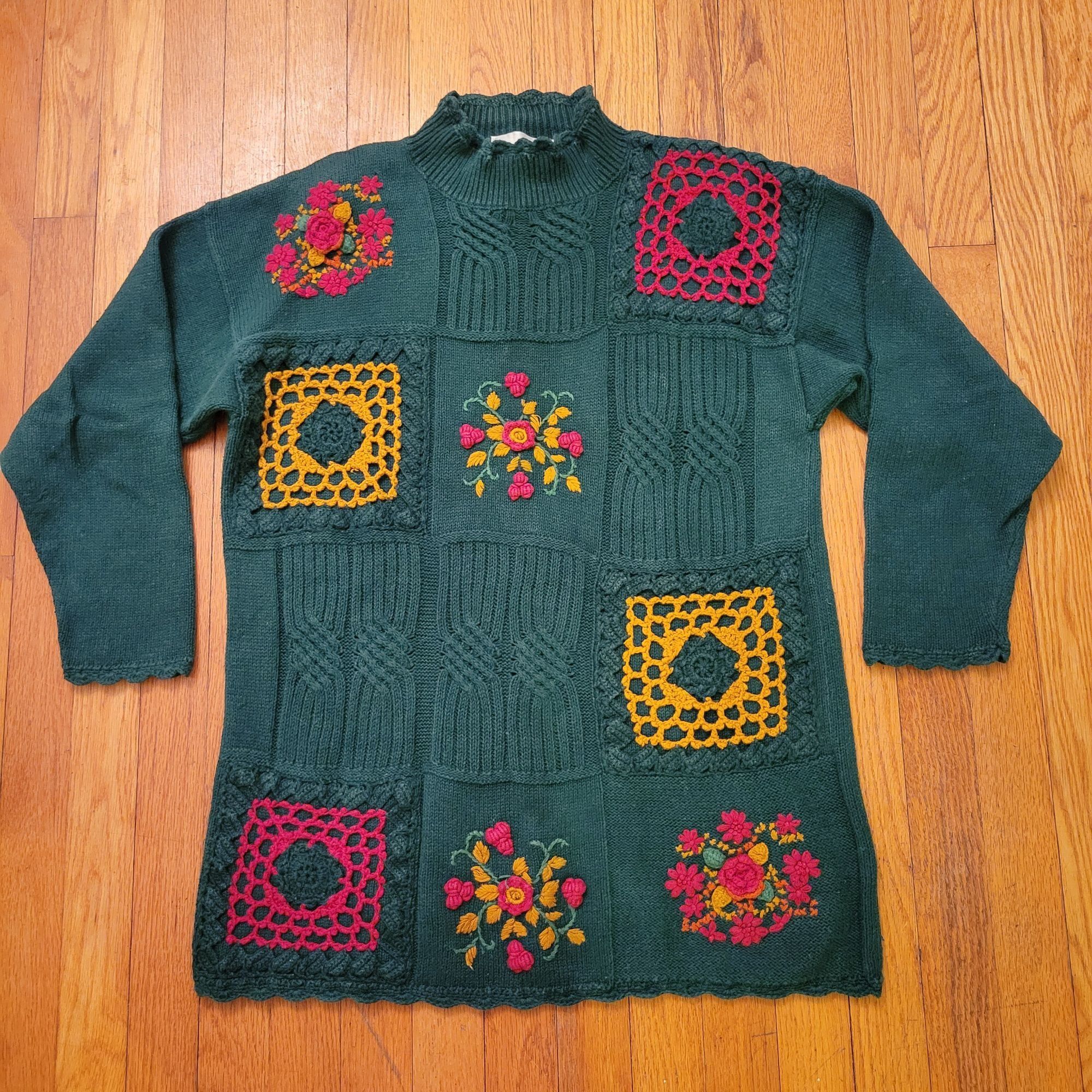 Vintage Vintage Carolina Colours Green Sweater Floral Crochet Patchw Size L / US 10 / IT 46 - 1 Thumbnail