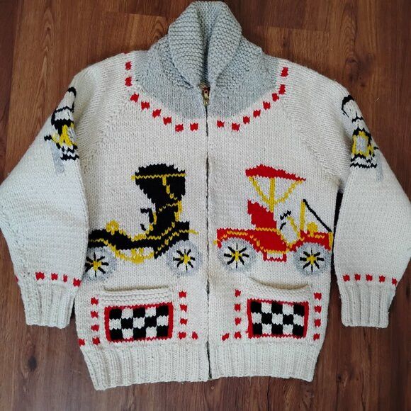Other Vintage 60s Antique Race Car Cowichan Cardigan Sweater Size US S / EU 44-46 / 1 - 2 Thumbnail