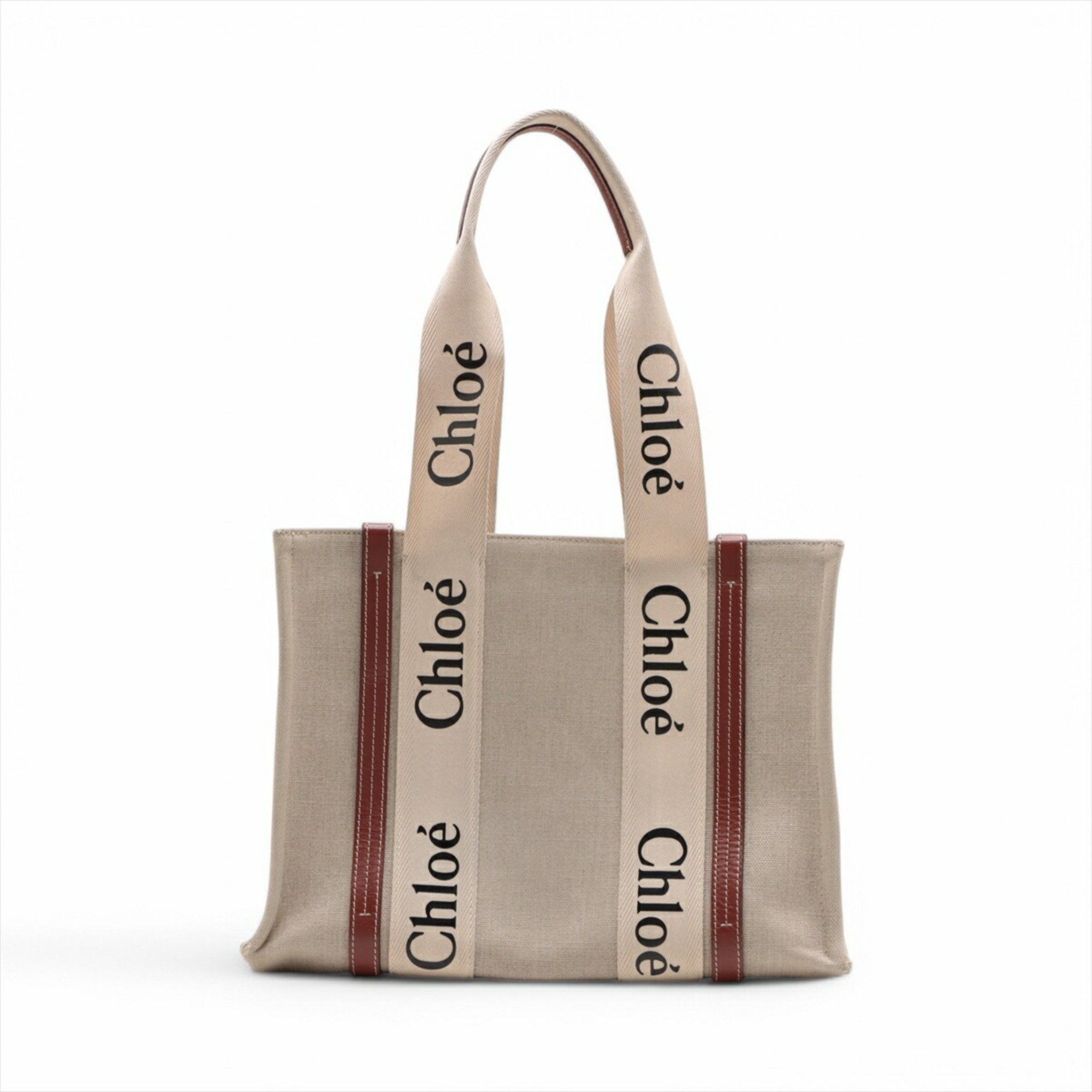 Chloé Chloe Woody Leather Canvas Shoulder Bag Handbag Beige Women's