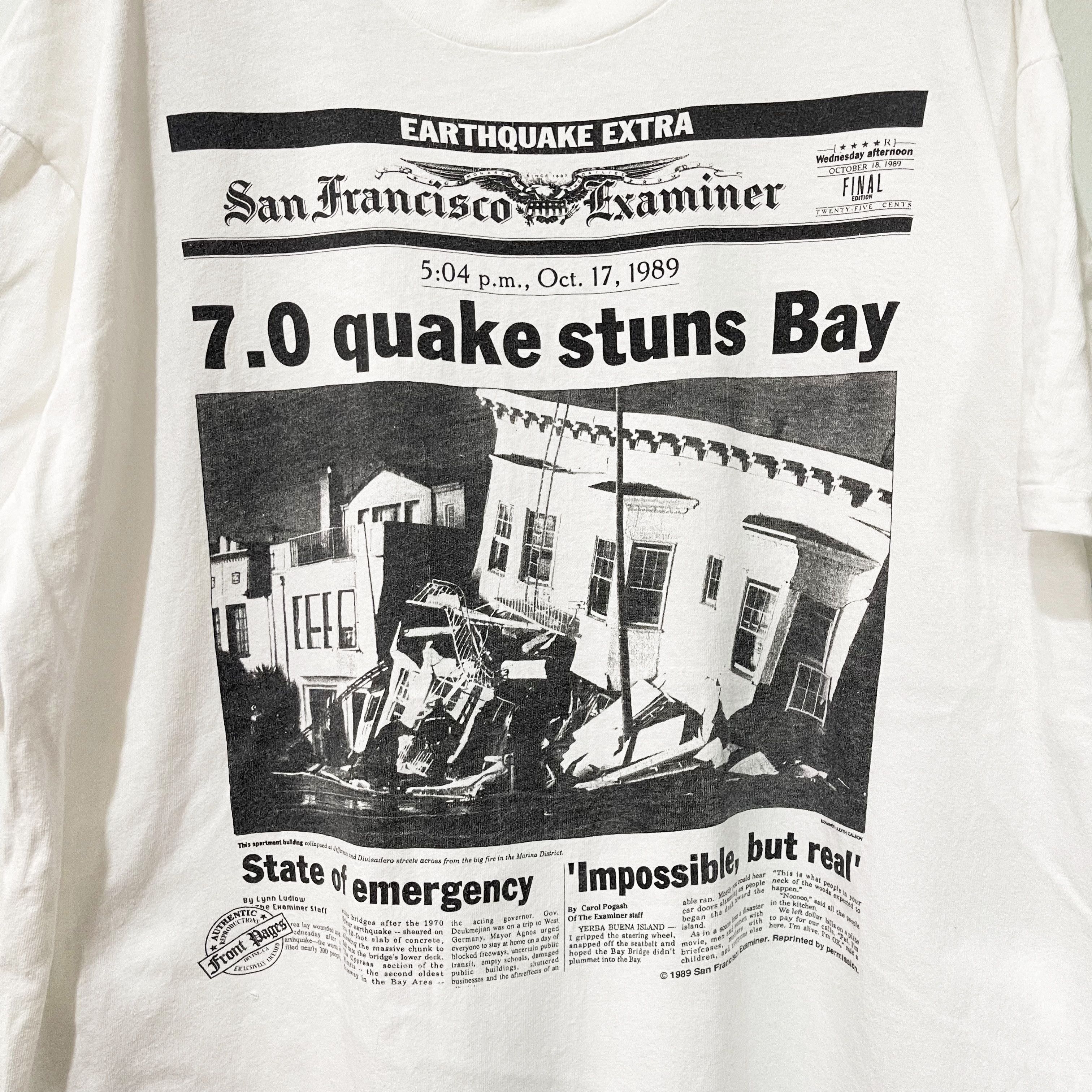 Vintage Vintage 1989 San Francisco Examiner Earthquake T-Shirt Size US XL / EU 56 / 4 - 2 Thumbnail