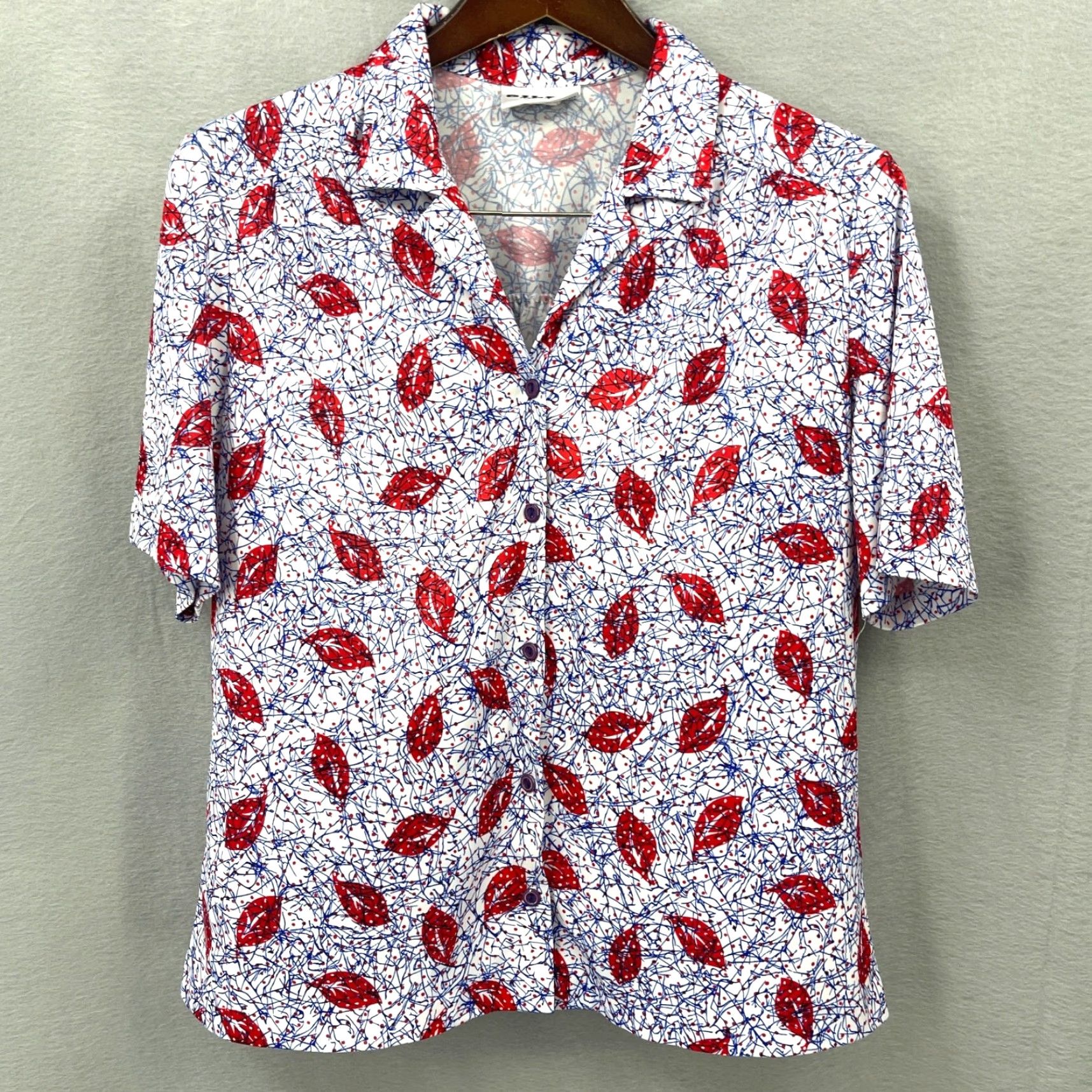 Gildan VTG Gilda of California Blouse Womens L Button Front Polyester Blue Floral Short Sleeve Collared Regular Basic 90s Theme Mens Women Size L / US 10 / IT 46 - 2 Thumbnail