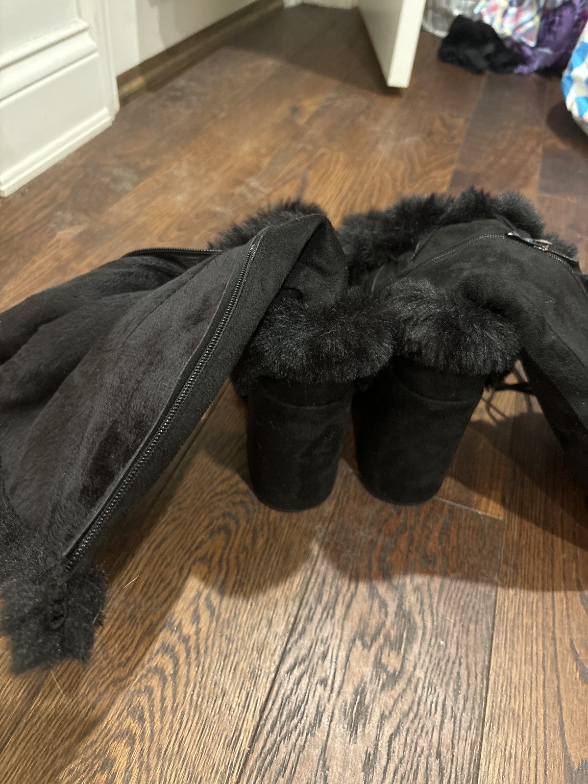 Dolls Kill Black Chunky Platform Fur Heel Boots Y2K Size US 7 / IT 37 - 4 Thumbnail